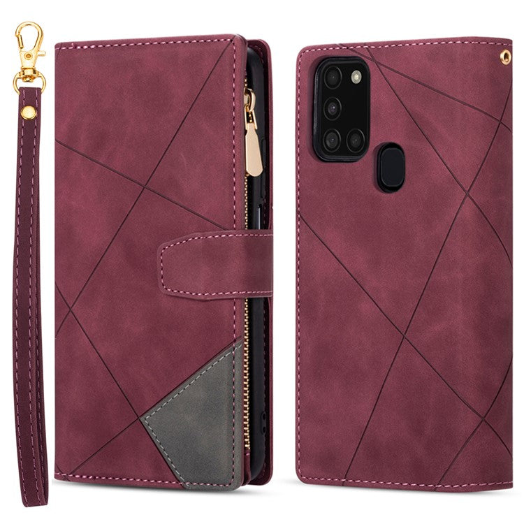 Anti-Drop Stylish Lines Splicing Wallet Design Leather Phone Cover Case with Stand for Samsung Galaxy A21s - Red