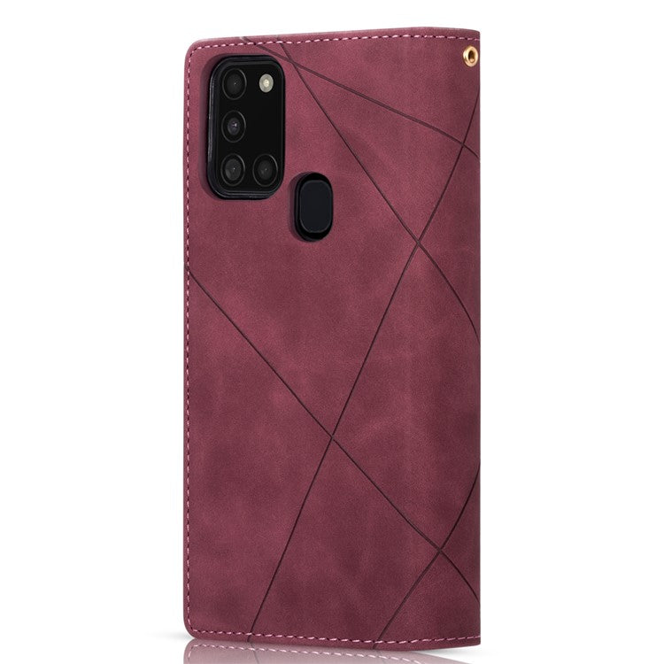 Anti-Drop Stylish Lines Splicing Wallet Design Leather Phone Cover Case with Stand for Samsung Galaxy A21s - Red