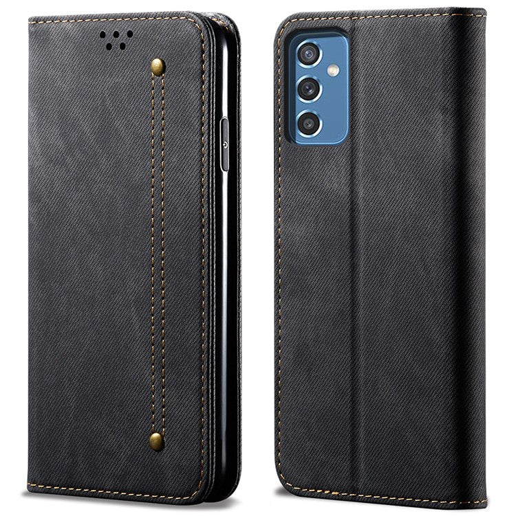 Scratch Resistant Flip Phone Cover Jeans Cloth Texture Leather Wallet Stand Case for Samsung Galaxy M52 5G - Black
