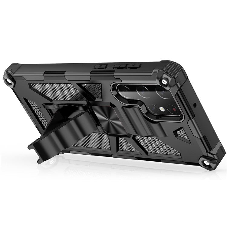 Military Grade Anti-Drop Scratch-Resistant Built-in Kickstand Hybrid Hard PC Soft TPU Phone Case for Samsung Galaxy S22 Ultra - Black
