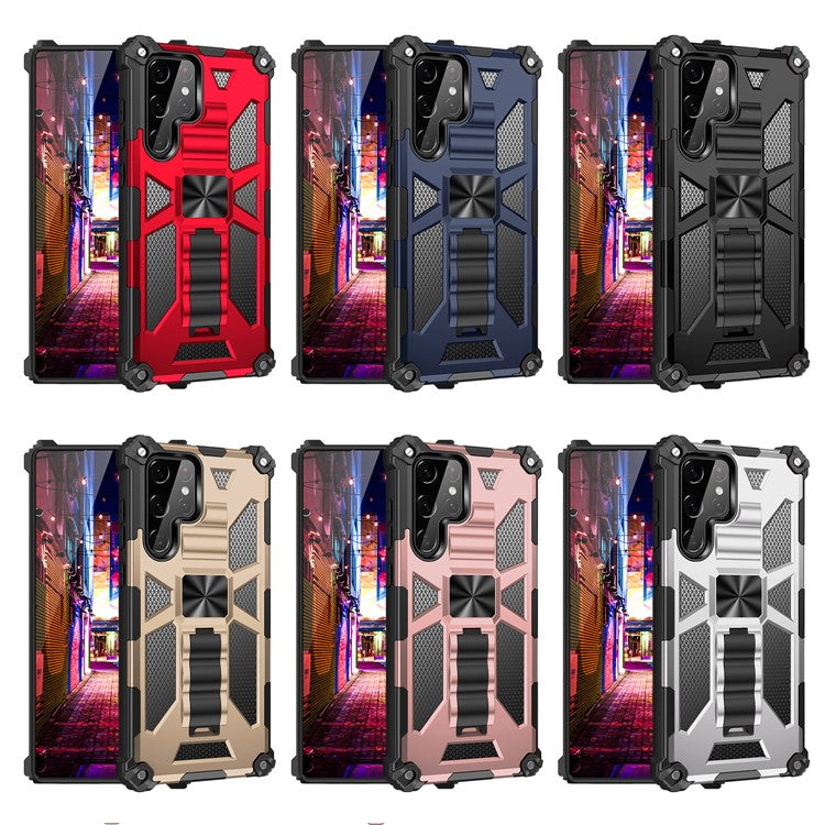 Military Grade Anti-Drop Scratch-Resistant Built-in Kickstand Hybrid Hard PC Soft TPU Phone Case for Samsung Galaxy S22 Ultra - Black