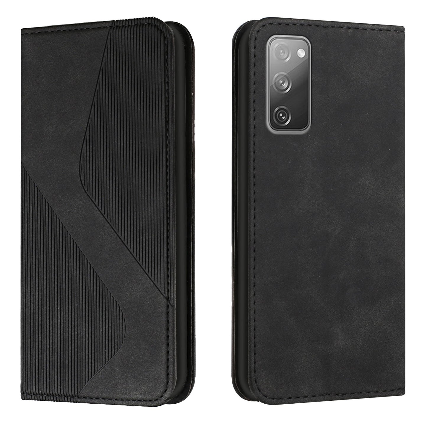 Auto-absorbed Magnetic Closure S-shaped Texture Leather Flip Wallet Stand Case for Samsung Galaxy S20 FE/S20 FE 5G/S20 Lite/S20 FE 2022 - Black