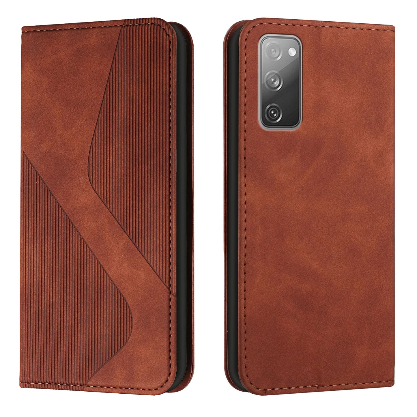 Auto-absorbed Magnetic Closure S-shaped Texture Leather Flip Wallet Stand Case for Samsung Galaxy S20 FE/S20 FE 5G/S20 Lite/S20 FE 2022 - Brown