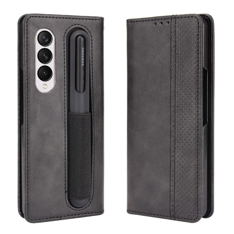 For Samsung Galaxy Z Fold3 5G Retro Textured Surface Pen Slot Shockproof Leather Phone Cover - Black