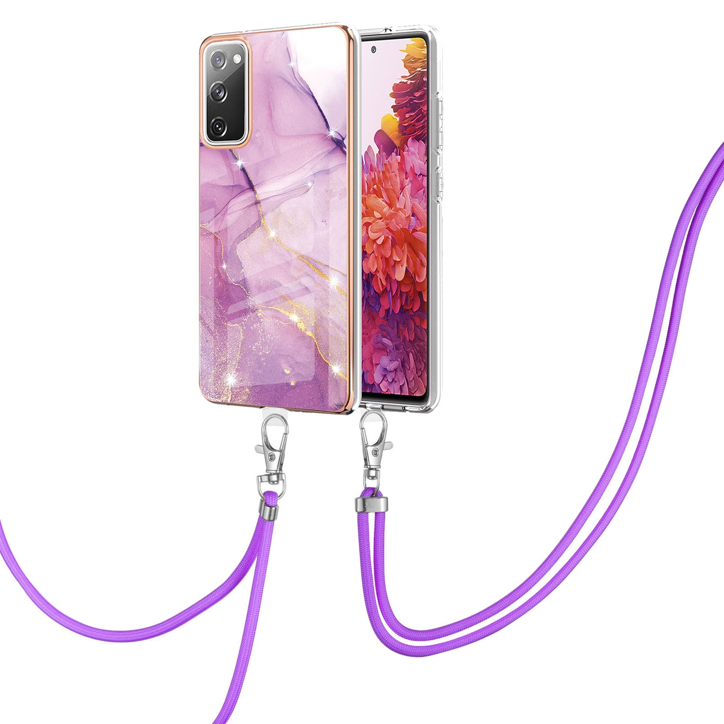 Marble Pattern IMD Soft Electroplated TPU Anti-Scratch Shockproof Case with Lanyard for Samsung Galaxy S20 FE/S20 FE 5G/S20 Lite/S20 FE 2022 - Purple 001