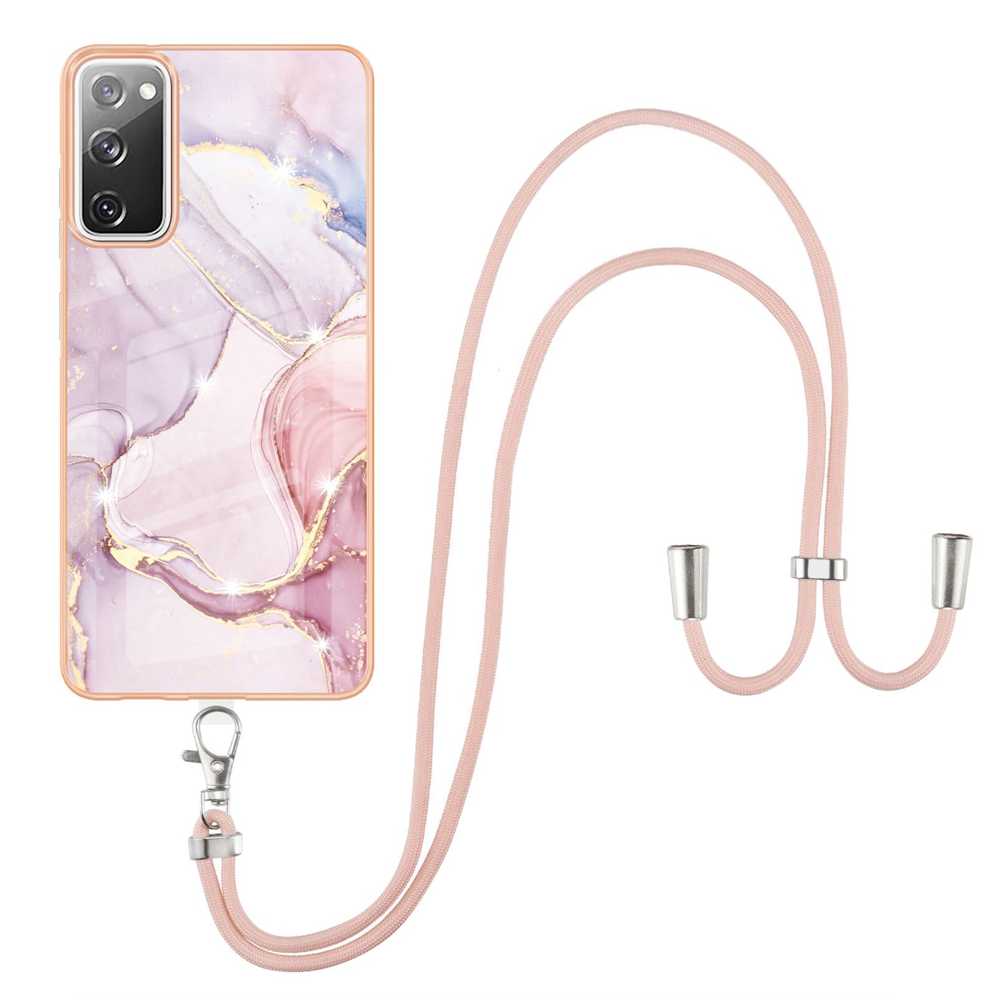 Marble Pattern IMD Soft Electroplated TPU Anti-Scratch Shockproof Case with Lanyard for Samsung Galaxy S20 FE/S20 FE 5G/S20 Lite/S20 FE 2022 - Rose Gold 005