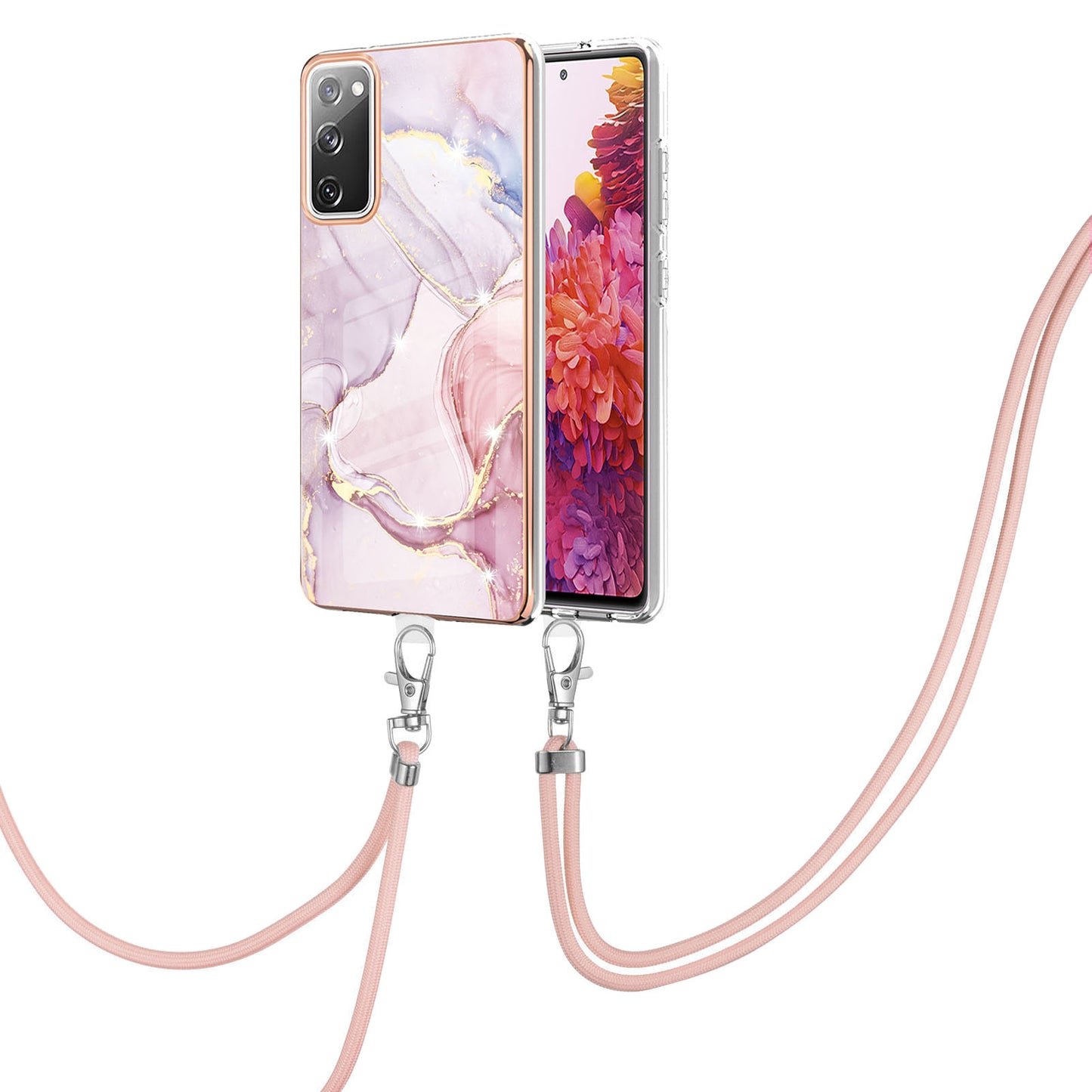 Marble Pattern IMD Soft Electroplated TPU Anti-Scratch Shockproof Case with Lanyard for Samsung Galaxy S20 FE/S20 FE 5G/S20 Lite/S20 FE 2022 - Rose Gold 005