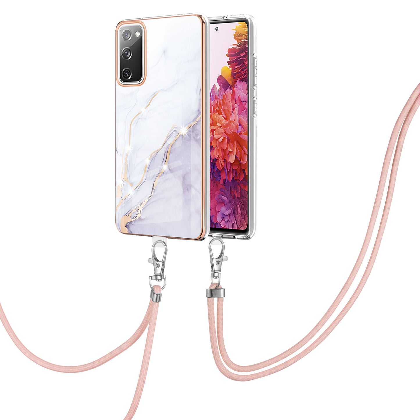 Marble Pattern IMD Soft Electroplated TPU Anti-Scratch Shockproof Case with Lanyard for Samsung Galaxy S20 FE/S20 FE 5G/S20 Lite/S20 FE 2022 - White 006