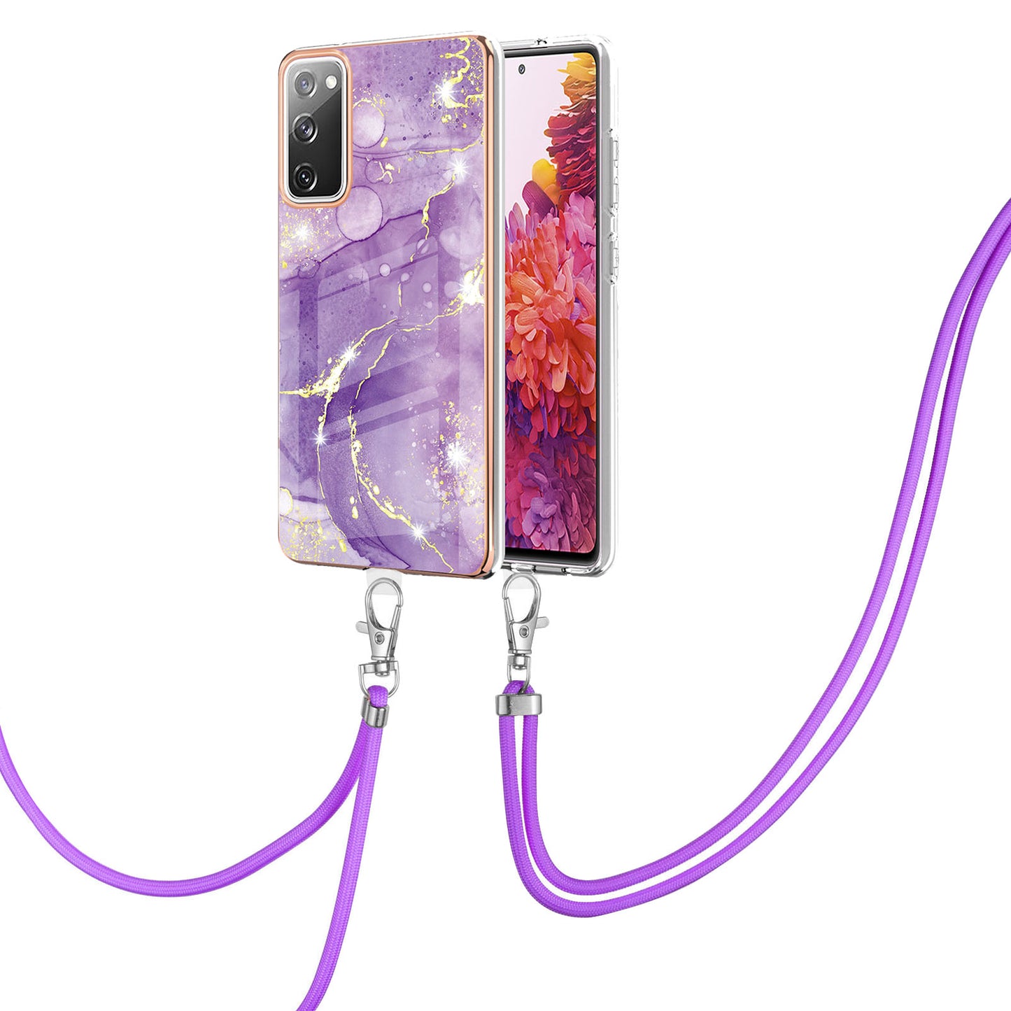 Marble Pattern IMD Soft Electroplated TPU Anti-Scratch Shockproof Case with Lanyard for Samsung Galaxy S20 FE/S20 FE 5G/S20 Lite/S20 FE 2022 - Purple 002
