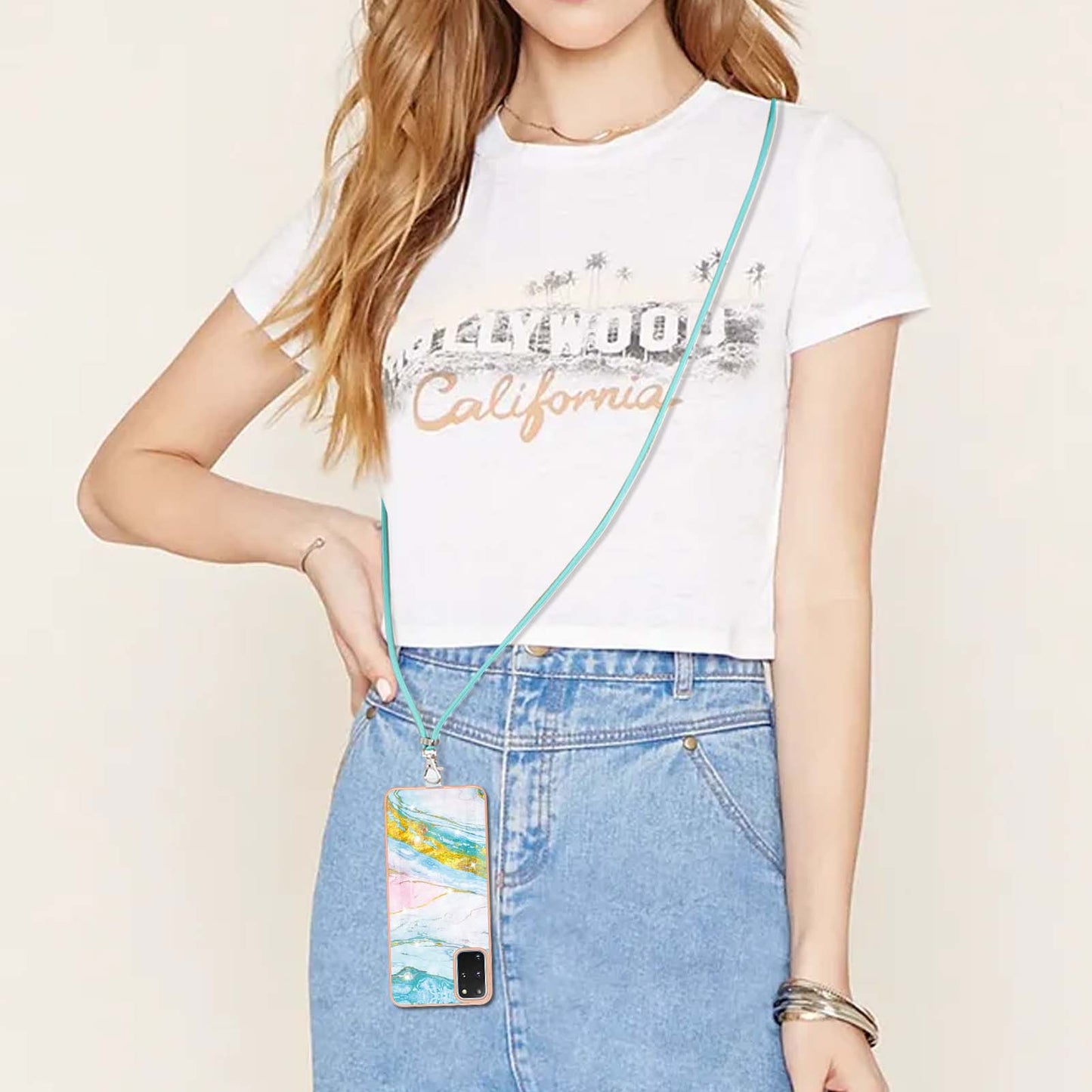 Marble Pattern Electroplated Edge Flexible TPU IMD Stylish Shockproof Phone Shell with Strap for Samsung Galaxy S20 Plus 4G/5G - Green 004