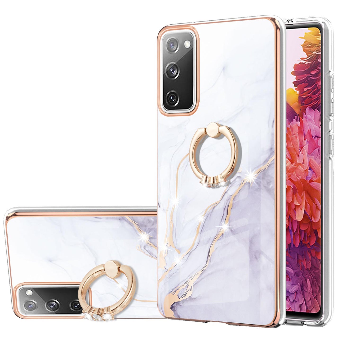 Wear-Resistant IML IMD Marble Pattern Flexible TPU Cover Electroplating Phone Case with Kickstand for Samsung Galaxy S20 FE/S20 FE 5G/S20 Lite/S20 FE 2022 - White 006