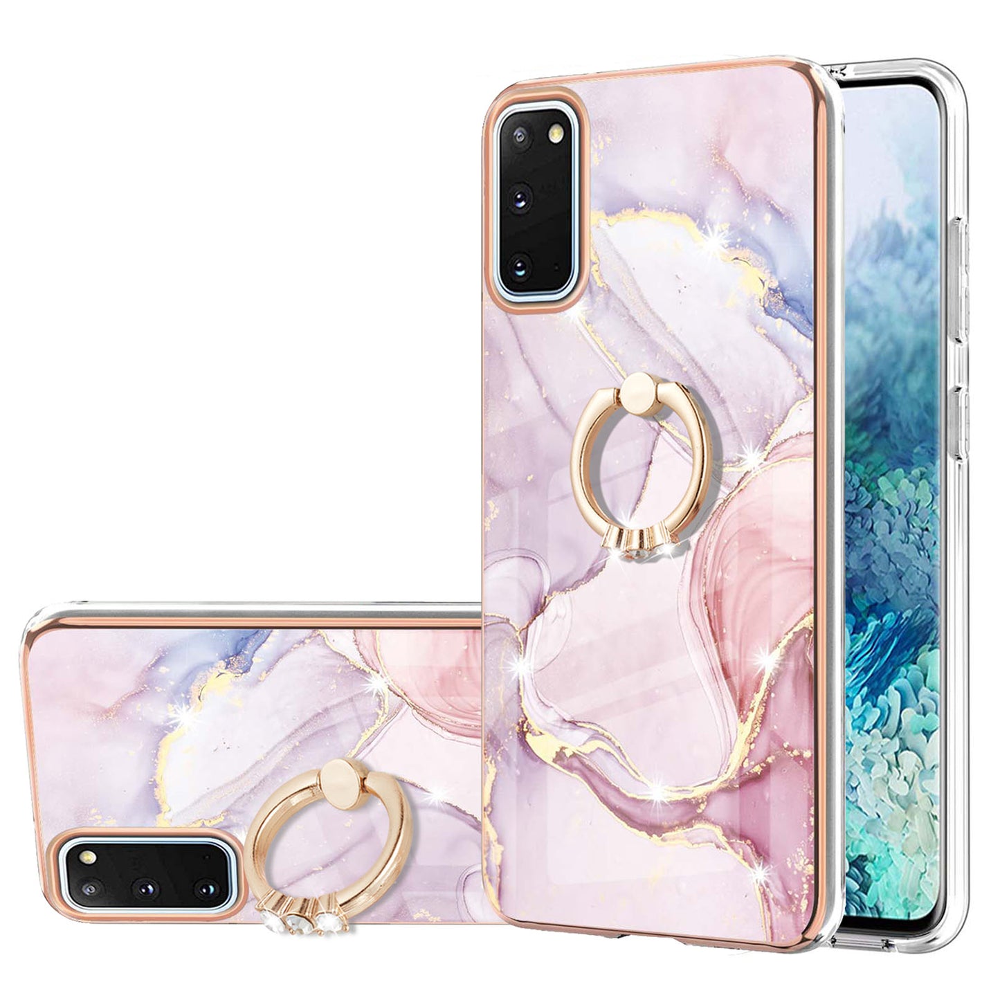 Anti-Drop Flexible TPU Cover Electroplating Frame IMD Marble Pattern IML Phone Case with Rotary Ring Kickstand for Samsung Galaxy S20 4G/S20 5G - Rose Gold 005