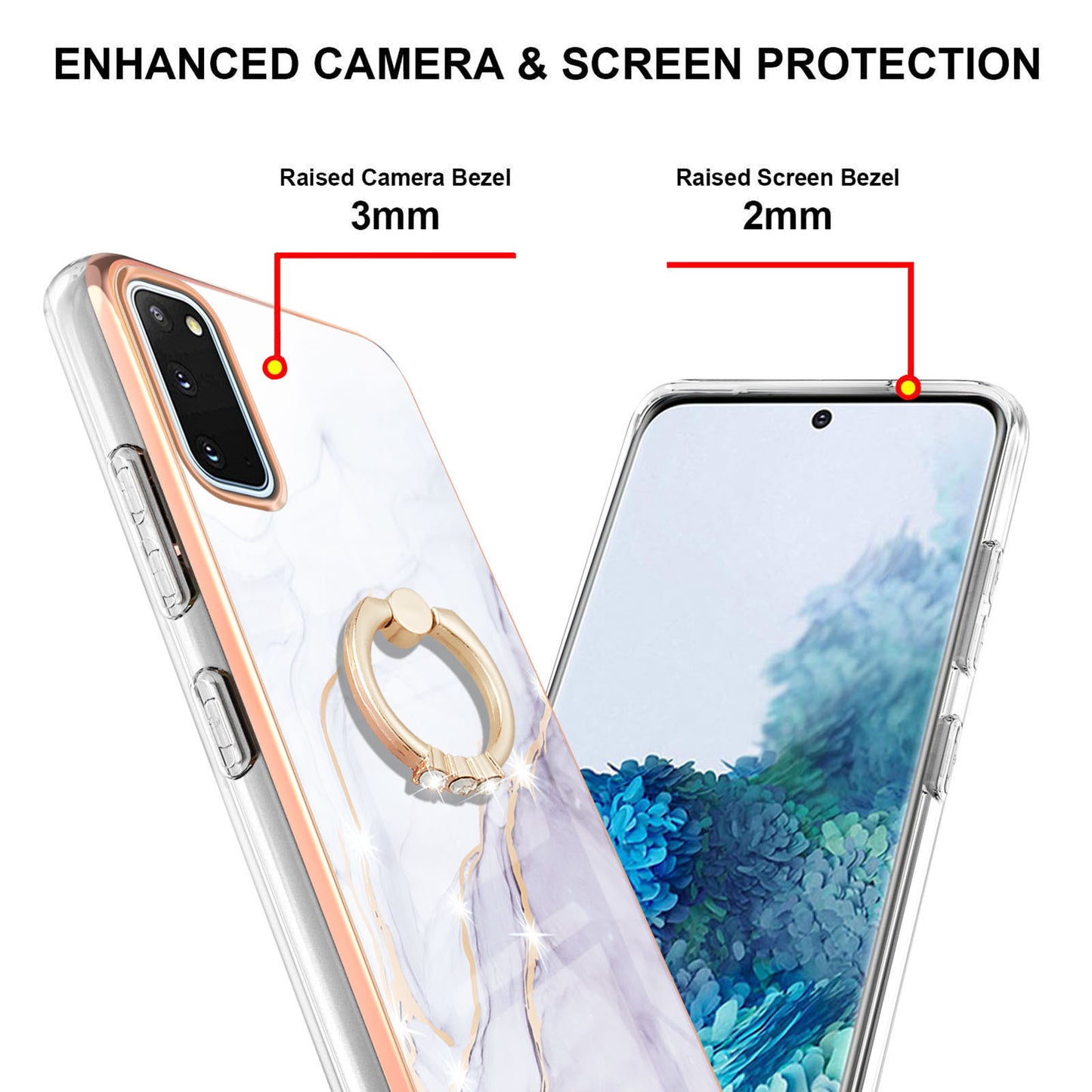 Anti-Drop Flexible TPU Cover Electroplating Frame IMD Marble Pattern IML Phone Case with Rotary Ring Kickstand for Samsung Galaxy S20 4G/S20 5G - White 006