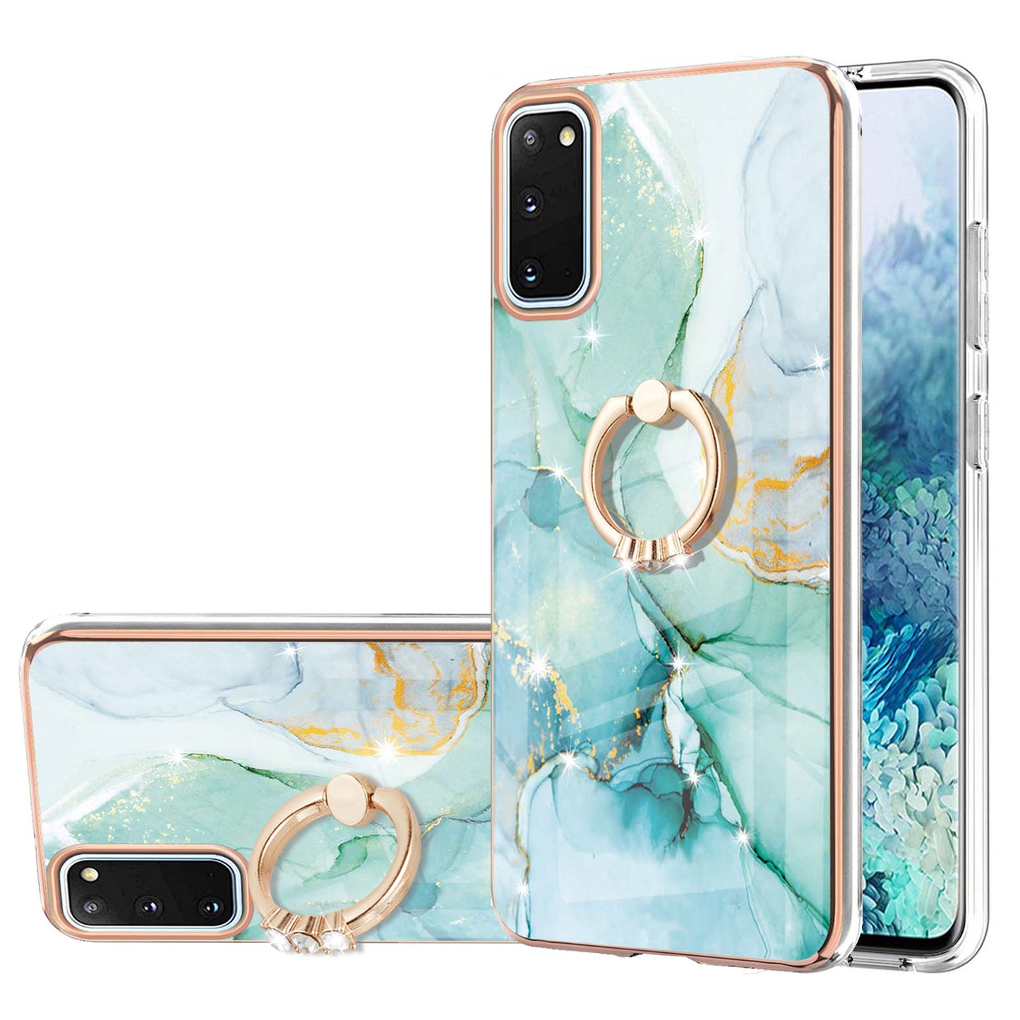 Anti-Drop Flexible TPU Cover Electroplating Frame IMD Marble Pattern IML Phone Case with Rotary Ring Kickstand for Samsung Galaxy S20 4G/S20 5G - Green 003