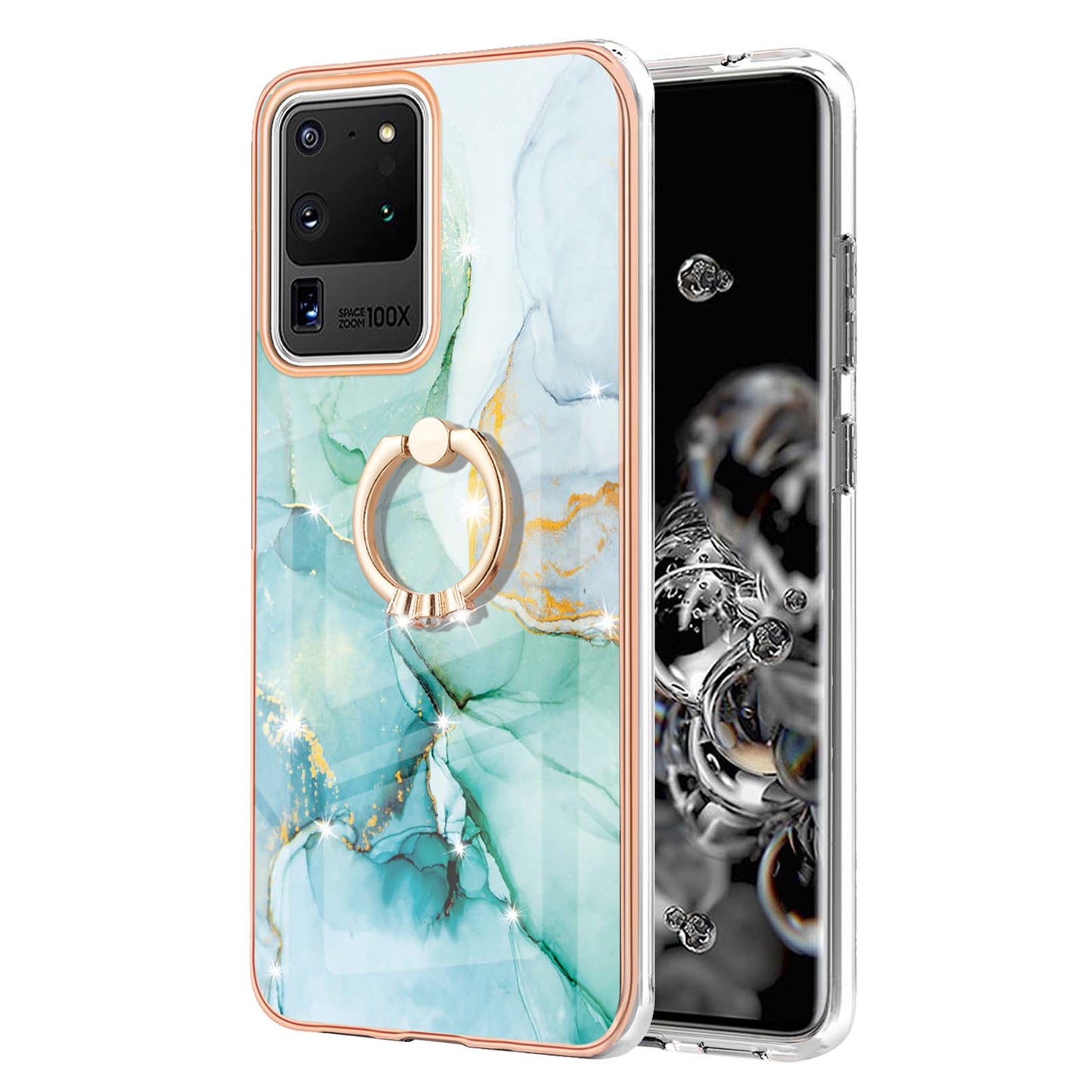 Full-Protective Flexible TPU Cover Rotary Ring Kickstand Design IMD Marble Pattern IML Electroplating Frame Phone Case for Samsung Galaxy S20 Ultra - Green 003