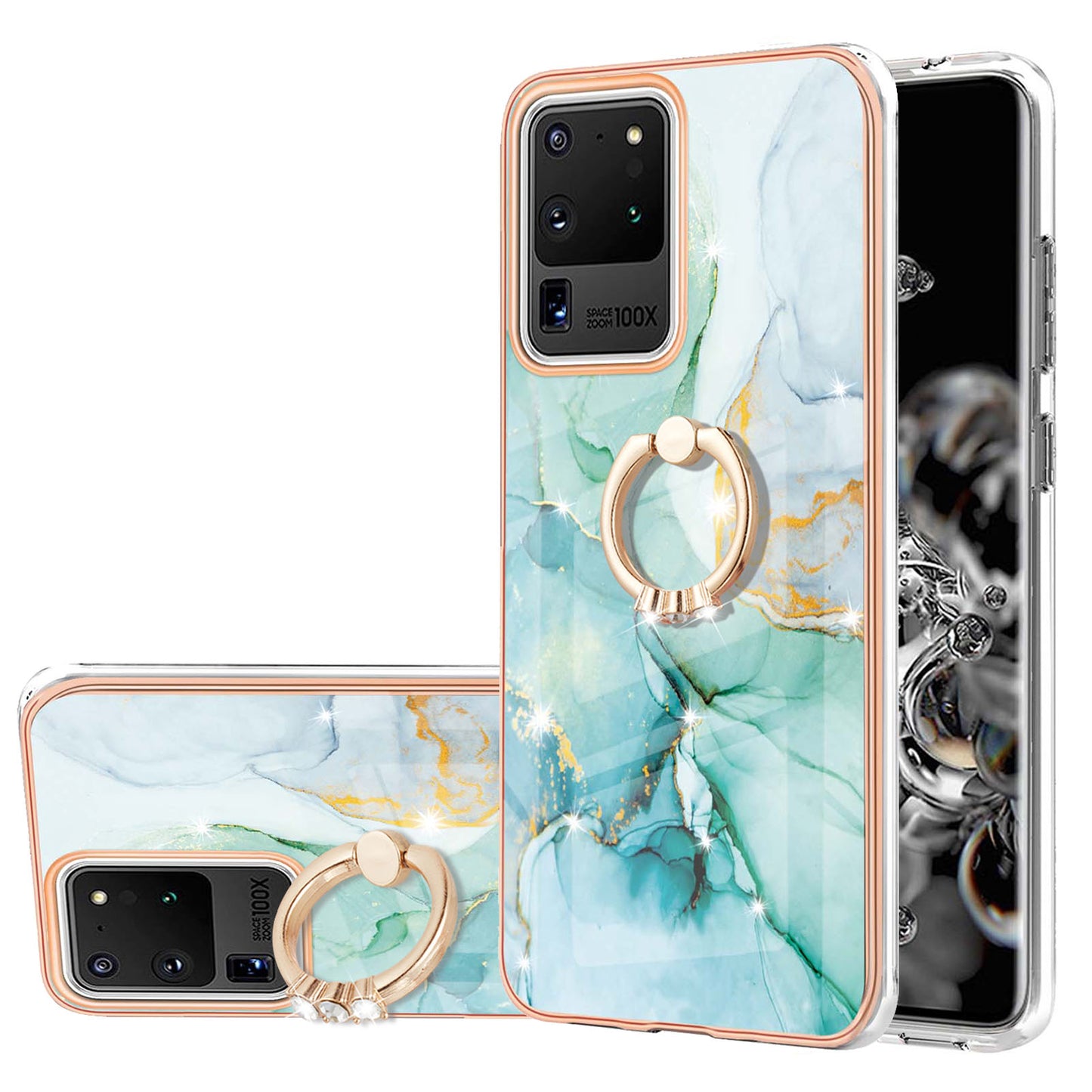 Full-Protective Flexible TPU Cover Rotary Ring Kickstand Design IMD Marble Pattern IML Electroplating Frame Phone Case for Samsung Galaxy S20 Ultra - Green 003