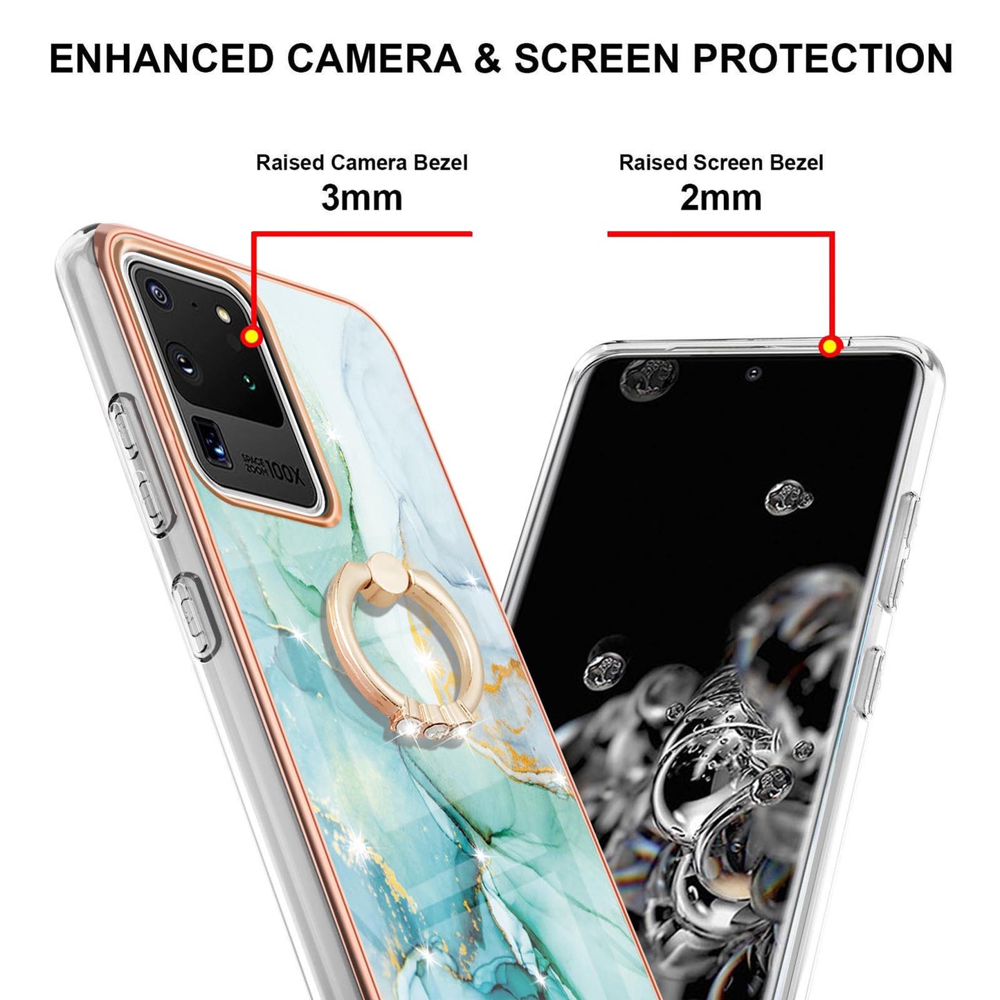 Full-Protective Flexible TPU Cover Rotary Ring Kickstand Design IMD Marble Pattern IML Electroplating Frame Phone Case for Samsung Galaxy S20 Ultra - Green 003