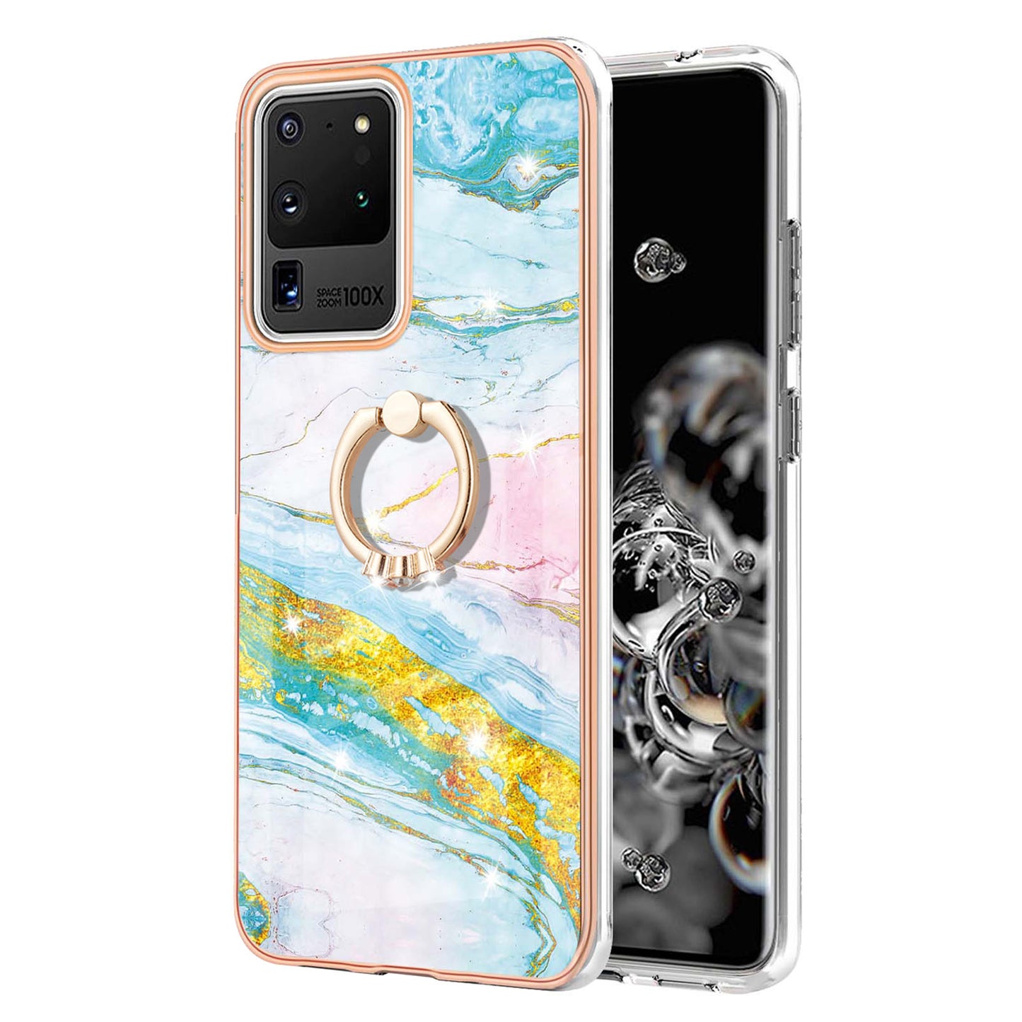 Full-Protective Flexible TPU Cover Rotary Ring Kickstand Design IMD Marble Pattern IML Electroplating Frame Phone Case for Samsung Galaxy S20 Ultra - Green 004
