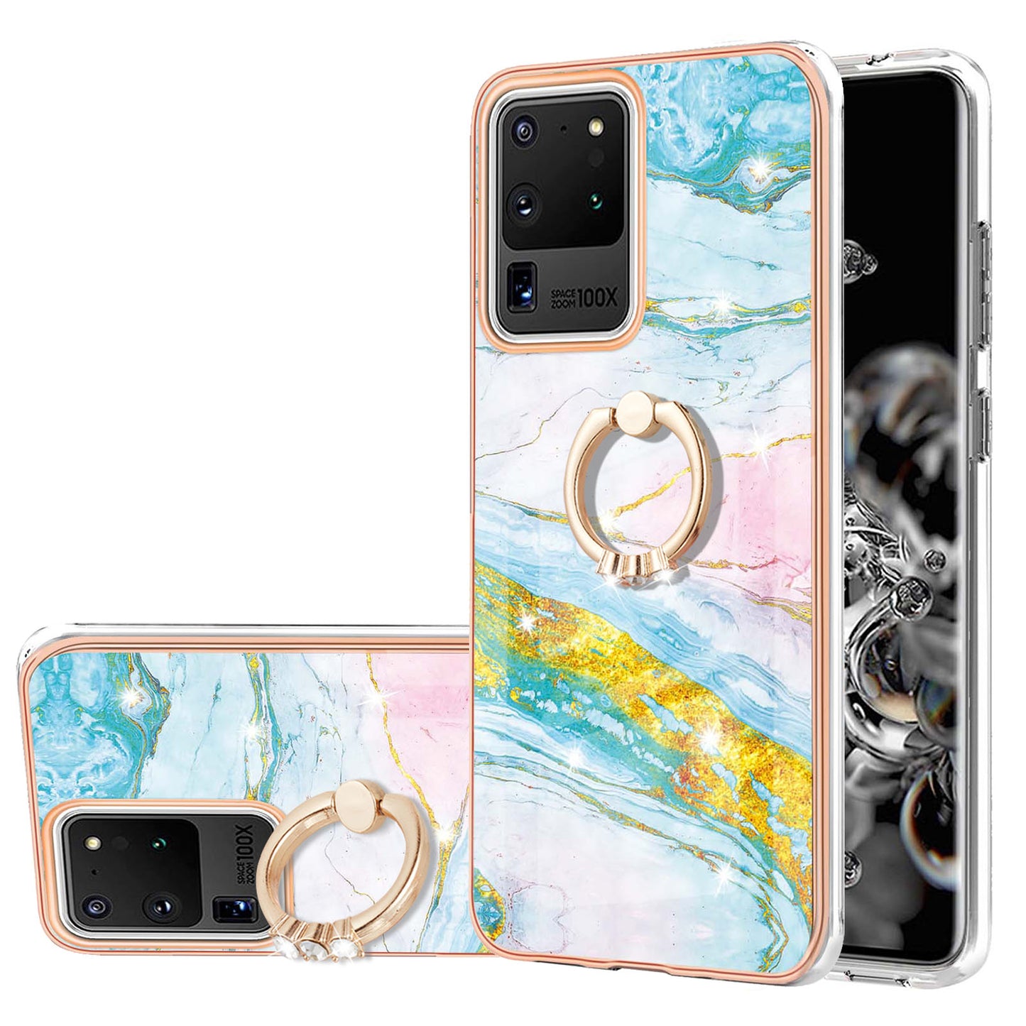 Full-Protective Flexible TPU Cover Rotary Ring Kickstand Design IMD Marble Pattern IML Electroplating Frame Phone Case for Samsung Galaxy S20 Ultra - Green 004