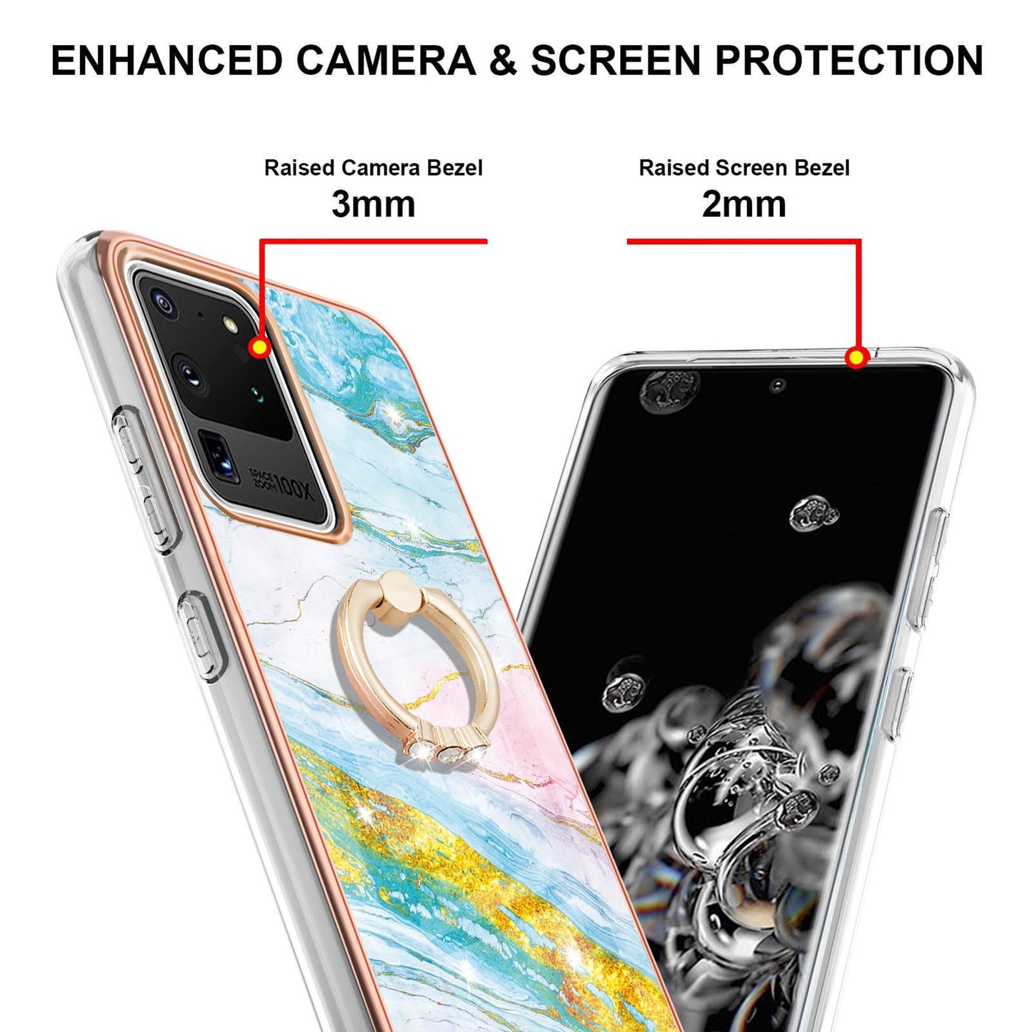 Full-Protective Flexible TPU Cover Rotary Ring Kickstand Design IMD Marble Pattern IML Electroplating Frame Phone Case for Samsung Galaxy S20 Ultra - Green 004
