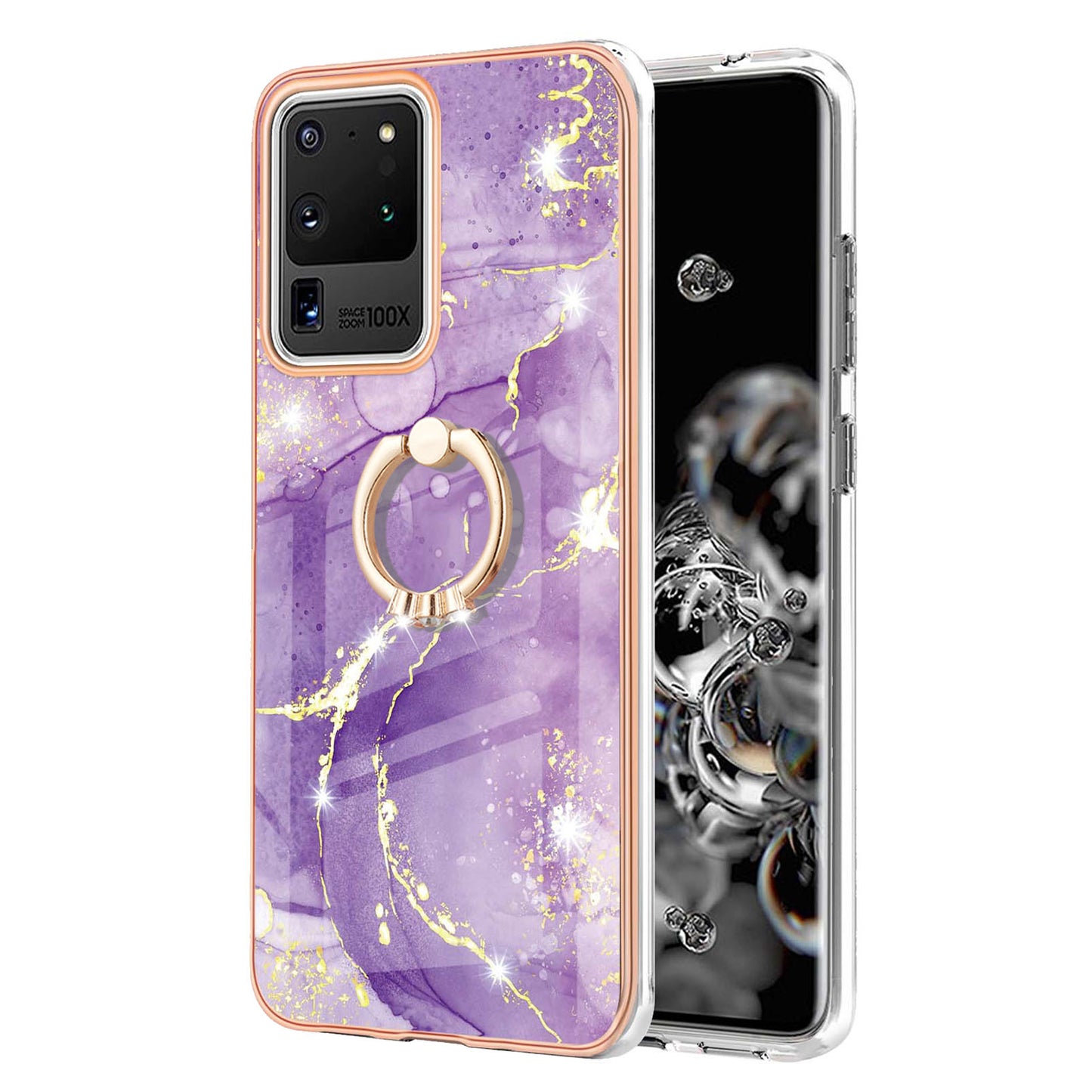 Full-Protective Flexible TPU Cover Rotary Ring Kickstand Design IMD Marble Pattern IML Electroplating Frame Phone Case for Samsung Galaxy S20 Ultra - Purple 002
