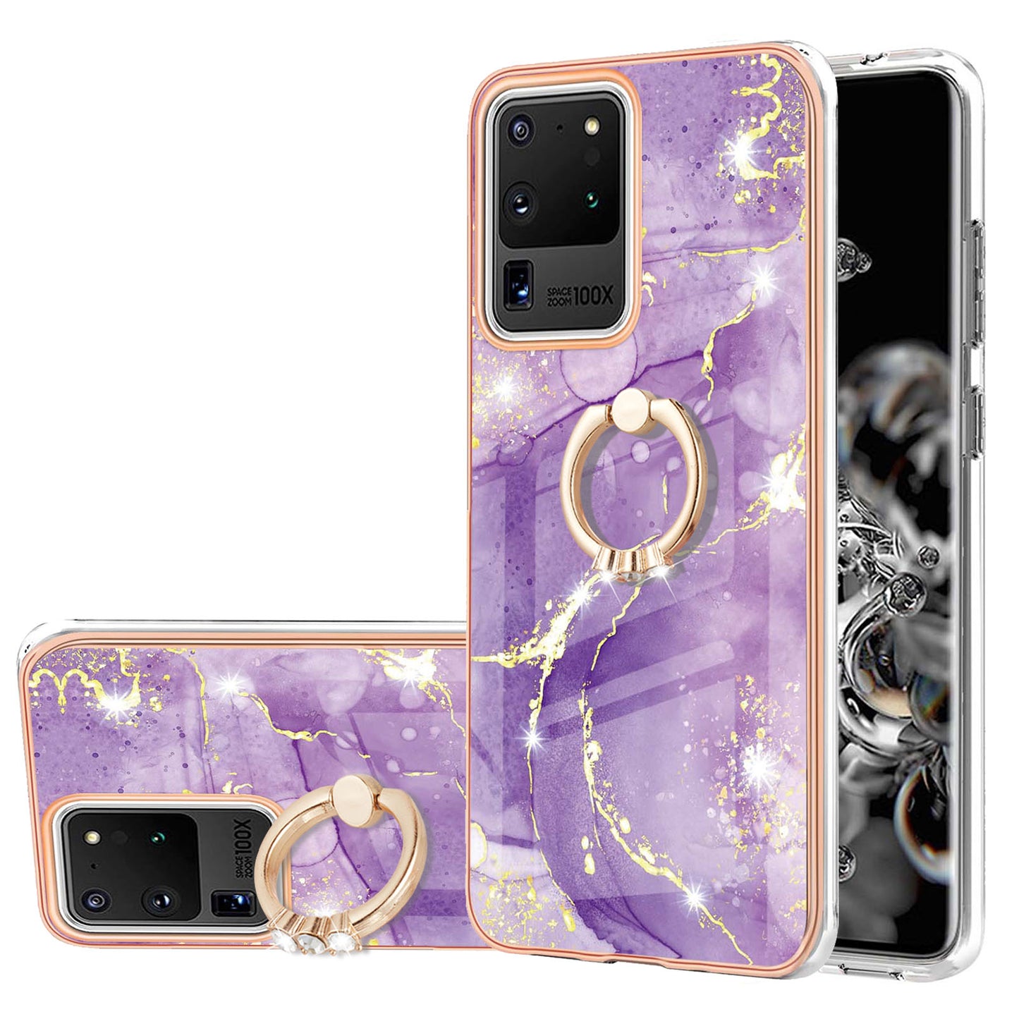 Full-Protective Flexible TPU Cover Rotary Ring Kickstand Design IMD Marble Pattern IML Electroplating Frame Phone Case for Samsung Galaxy S20 Ultra - Purple 002