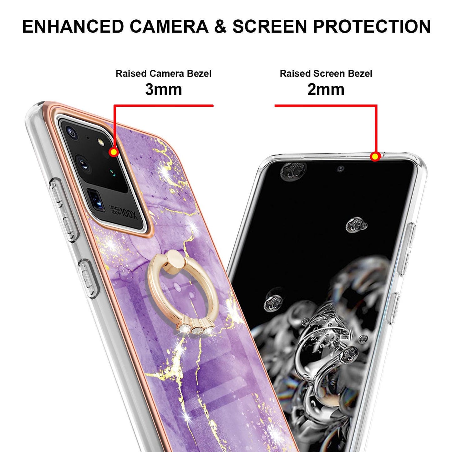 Full-Protective Flexible TPU Cover Rotary Ring Kickstand Design IMD Marble Pattern IML Electroplating Frame Phone Case for Samsung Galaxy S20 Ultra - Purple 002