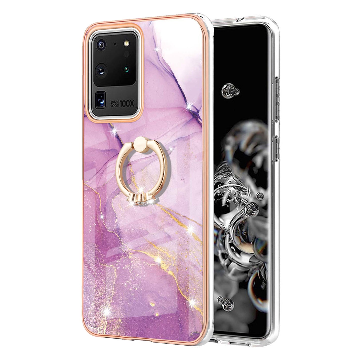 Full-Protective Flexible TPU Cover Rotary Ring Kickstand Design IMD Marble Pattern IML Electroplating Frame Phone Case for Samsung Galaxy S20 Ultra - Purple 001