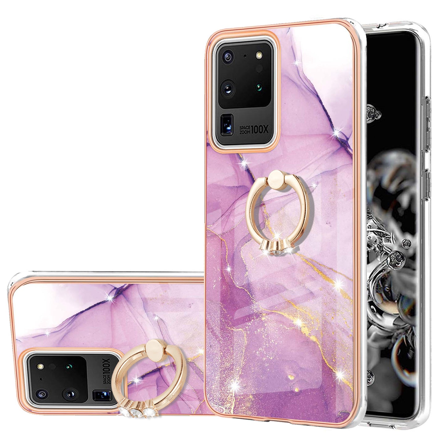 Full-Protective Flexible TPU Cover Rotary Ring Kickstand Design IMD Marble Pattern IML Electroplating Frame Phone Case for Samsung Galaxy S20 Ultra - Purple 001