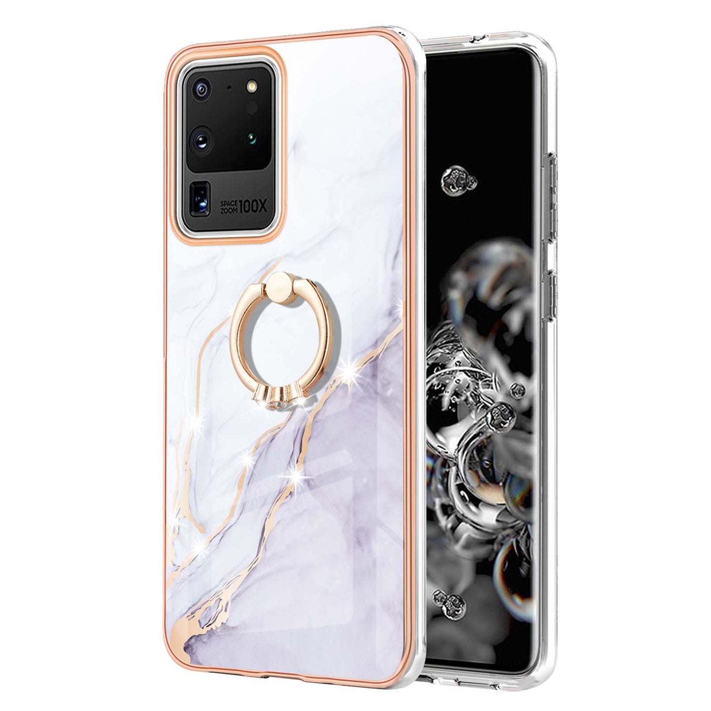 Full-Protective Flexible TPU Cover Rotary Ring Kickstand Design IMD Marble Pattern IML Electroplating Frame Phone Case for Samsung Galaxy S20 Ultra - White 006