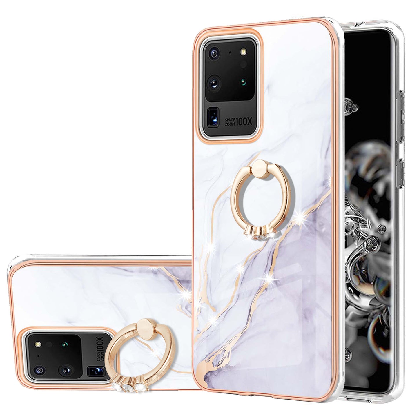 Full-Protective Flexible TPU Cover Rotary Ring Kickstand Design IMD Marble Pattern IML Electroplating Frame Phone Case for Samsung Galaxy S20 Ultra - White 006