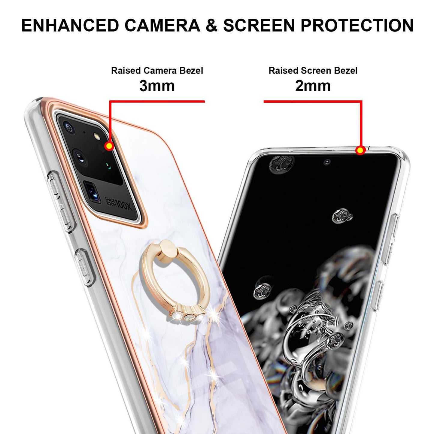 Full-Protective Flexible TPU Cover Rotary Ring Kickstand Design IMD Marble Pattern IML Electroplating Frame Phone Case for Samsung Galaxy S20 Ultra - White 006