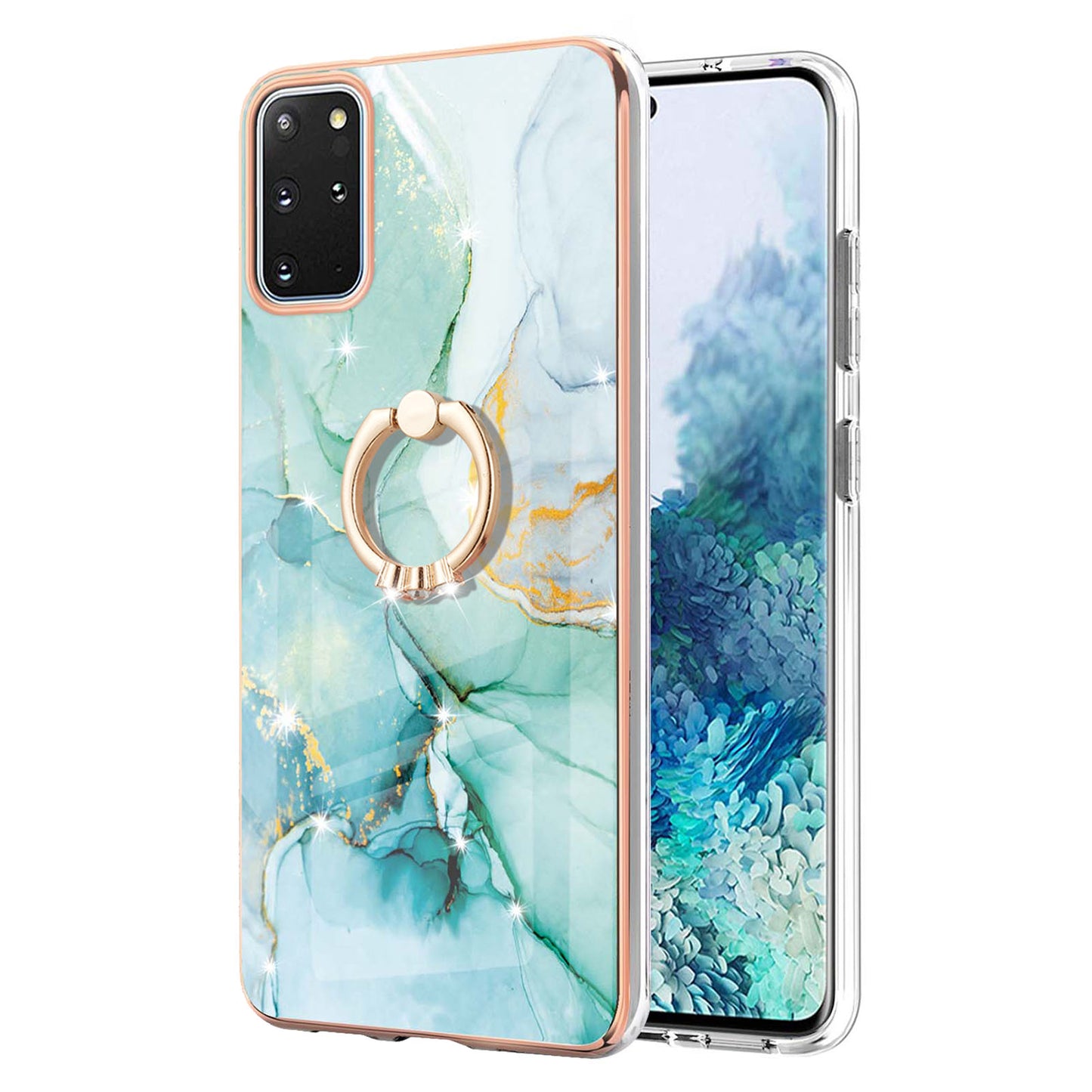 IMD Marble Pattern IML Soft TPU Electroplating Frame Phone Cover Case with Kickstand for Samsung Galaxy S20 Plus 4G/5G - Green 003