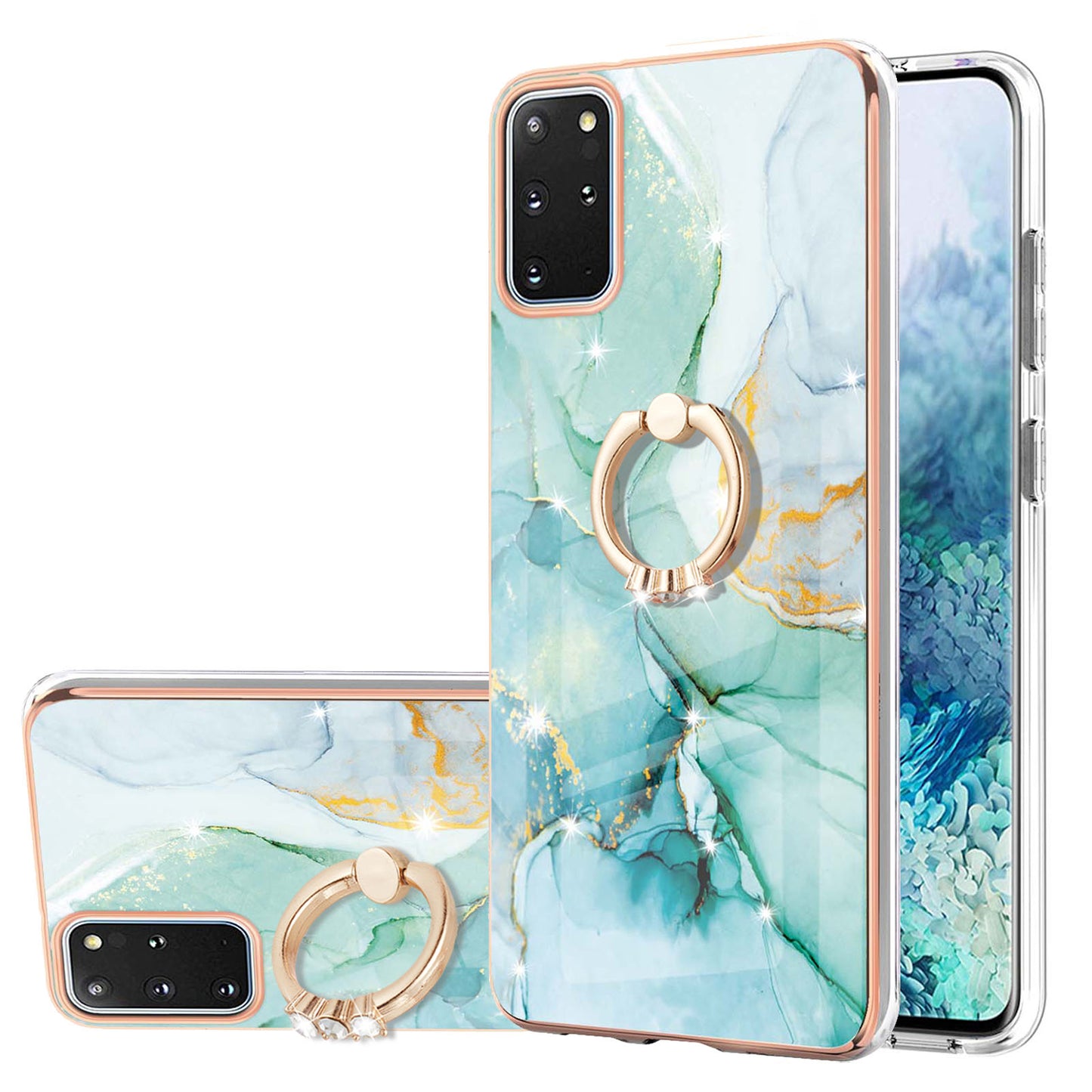 IMD Marble Pattern IML Soft TPU Electroplating Frame Phone Cover Case with Kickstand for Samsung Galaxy S20 Plus 4G/5G - Green 003