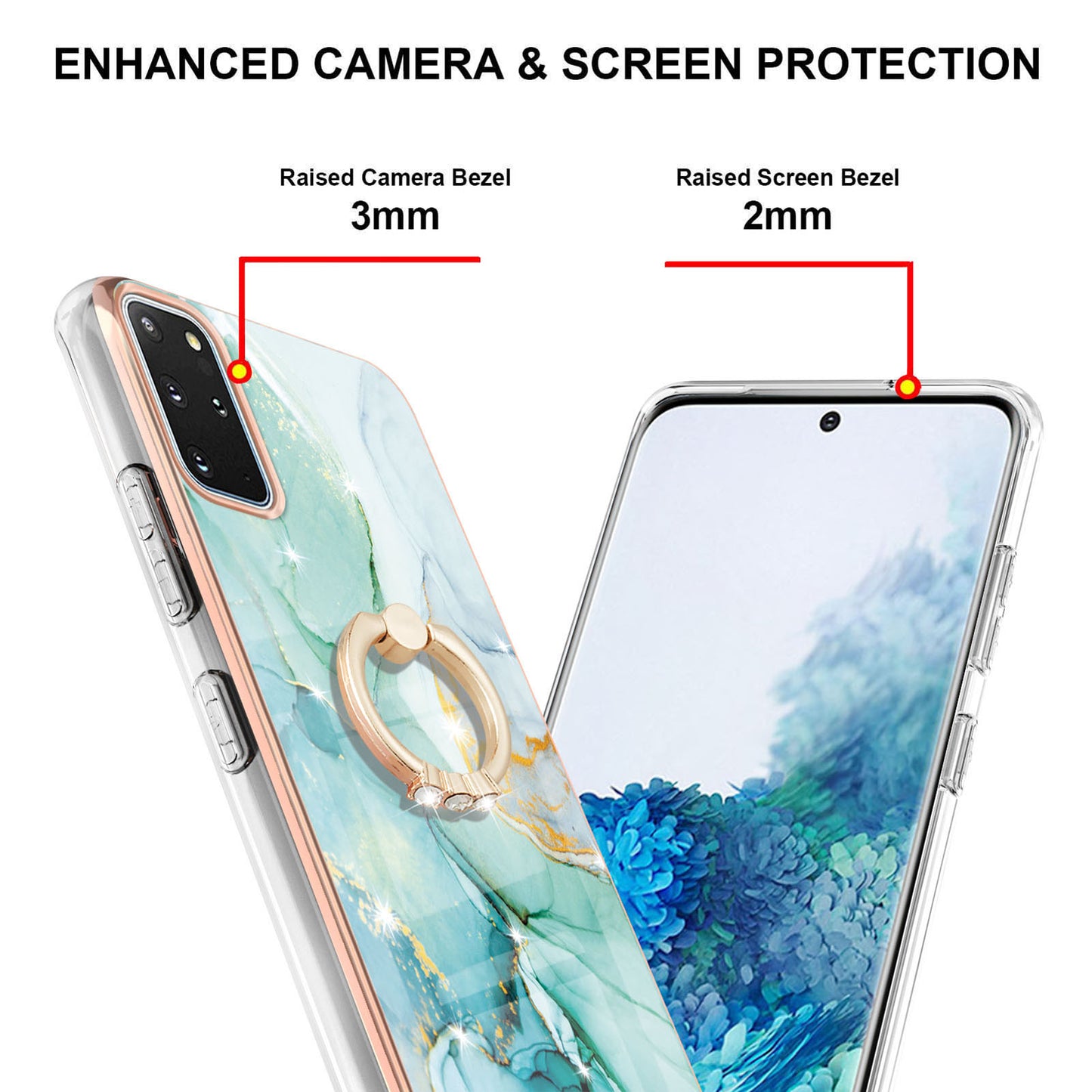 IMD Marble Pattern IML Soft TPU Electroplating Frame Phone Cover Case with Kickstand for Samsung Galaxy S20 Plus 4G/5G - Green 003