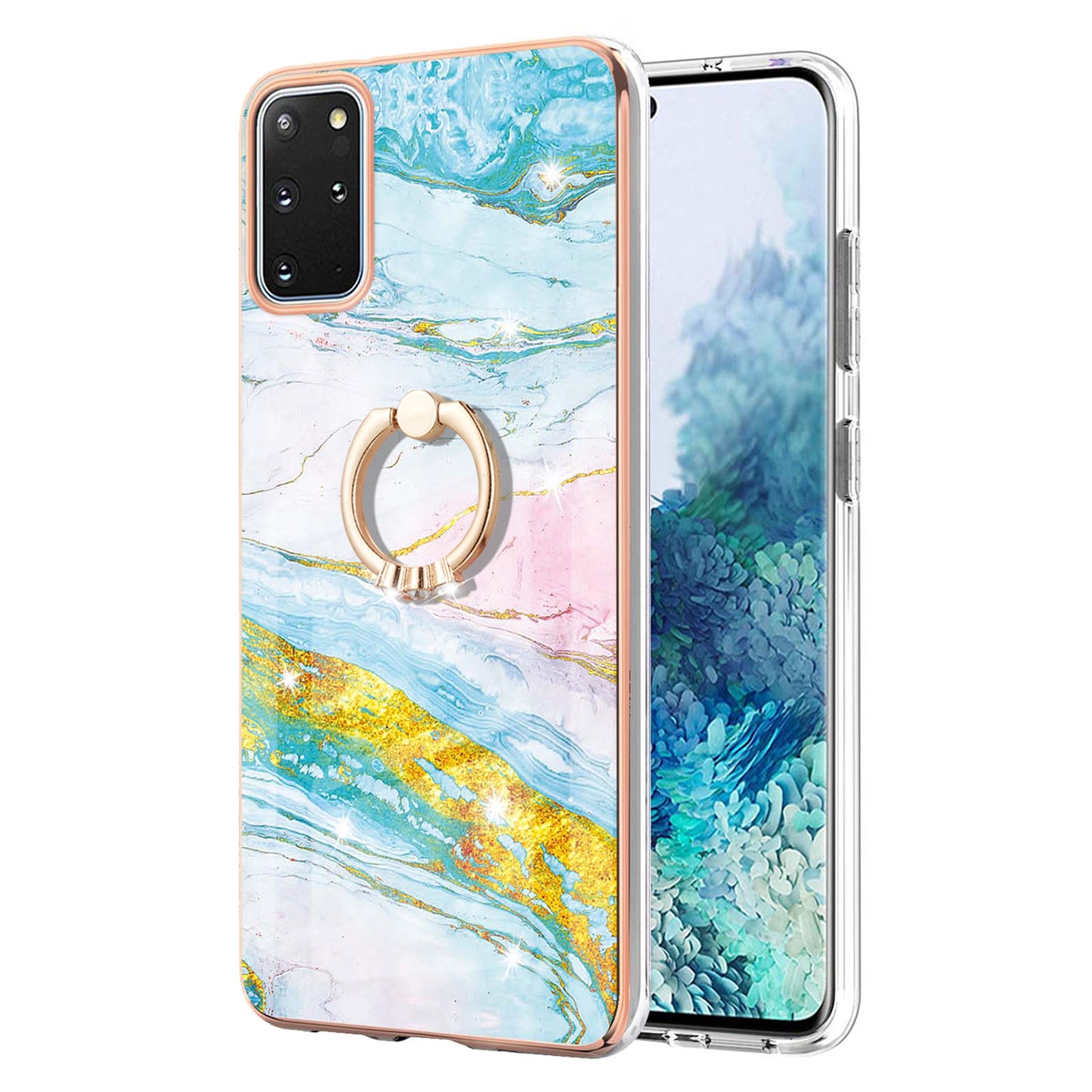 IMD Marble Pattern IML Soft TPU Electroplating Frame Phone Cover Case with Kickstand for Samsung Galaxy S20 Plus 4G/5G - Green 004