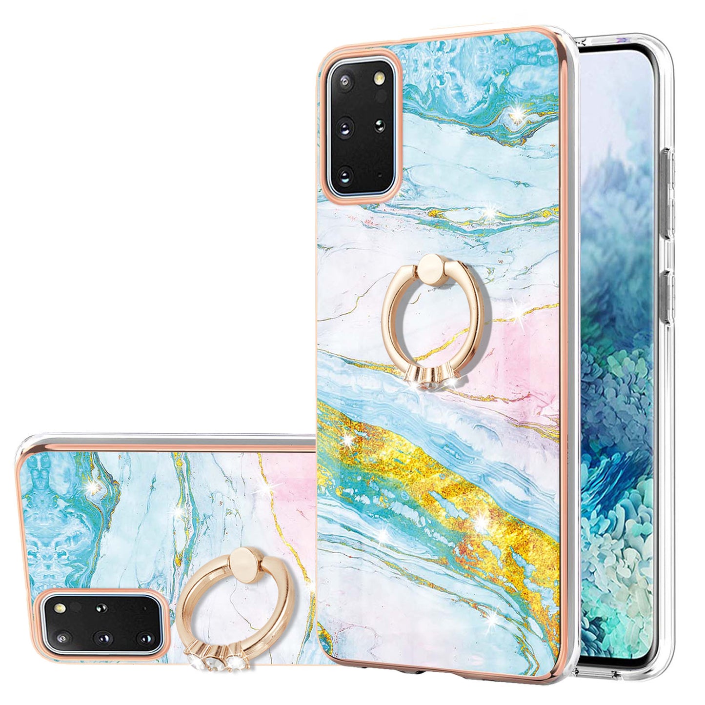 IMD Marble Pattern IML Soft TPU Electroplating Frame Phone Cover Case with Kickstand for Samsung Galaxy S20 Plus 4G/5G - Green 004