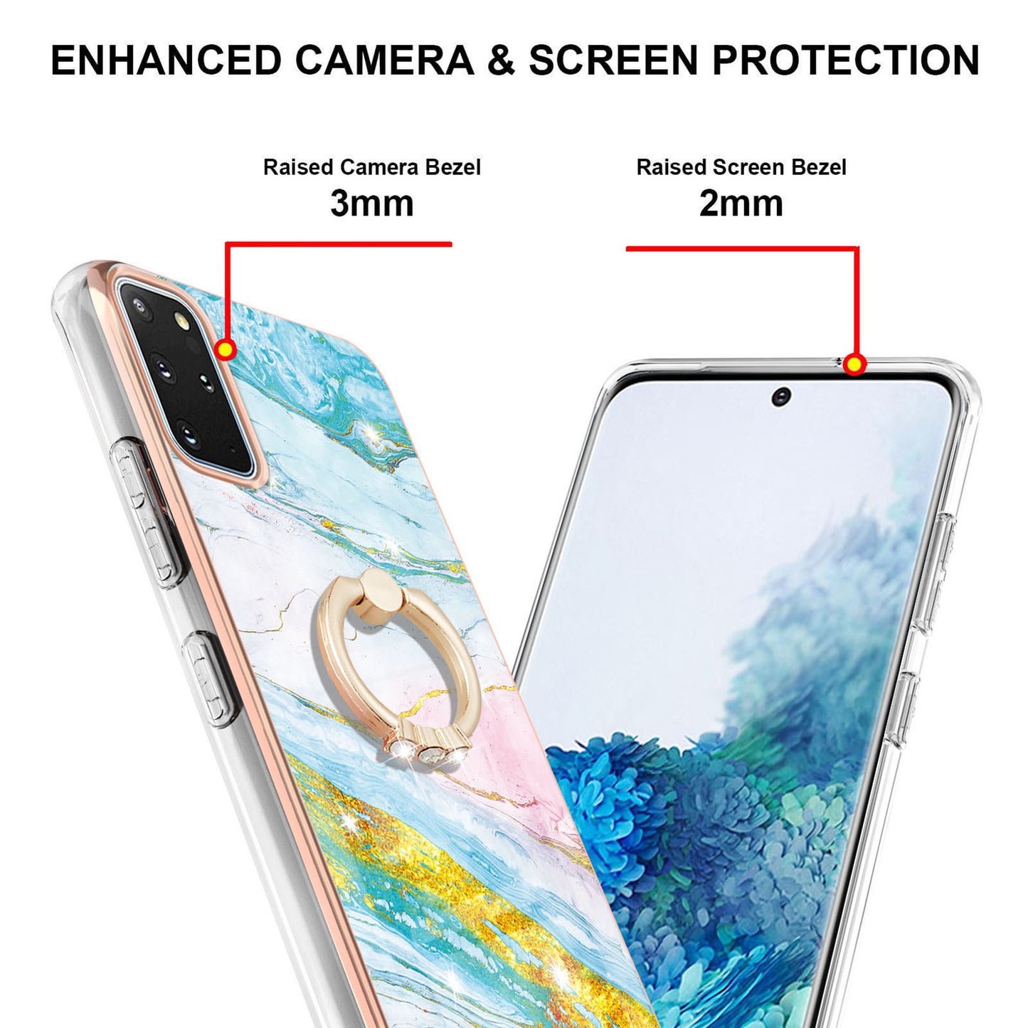 IMD Marble Pattern IML Soft TPU Electroplating Frame Phone Cover Case with Kickstand for Samsung Galaxy S20 Plus 4G/5G - Green 004