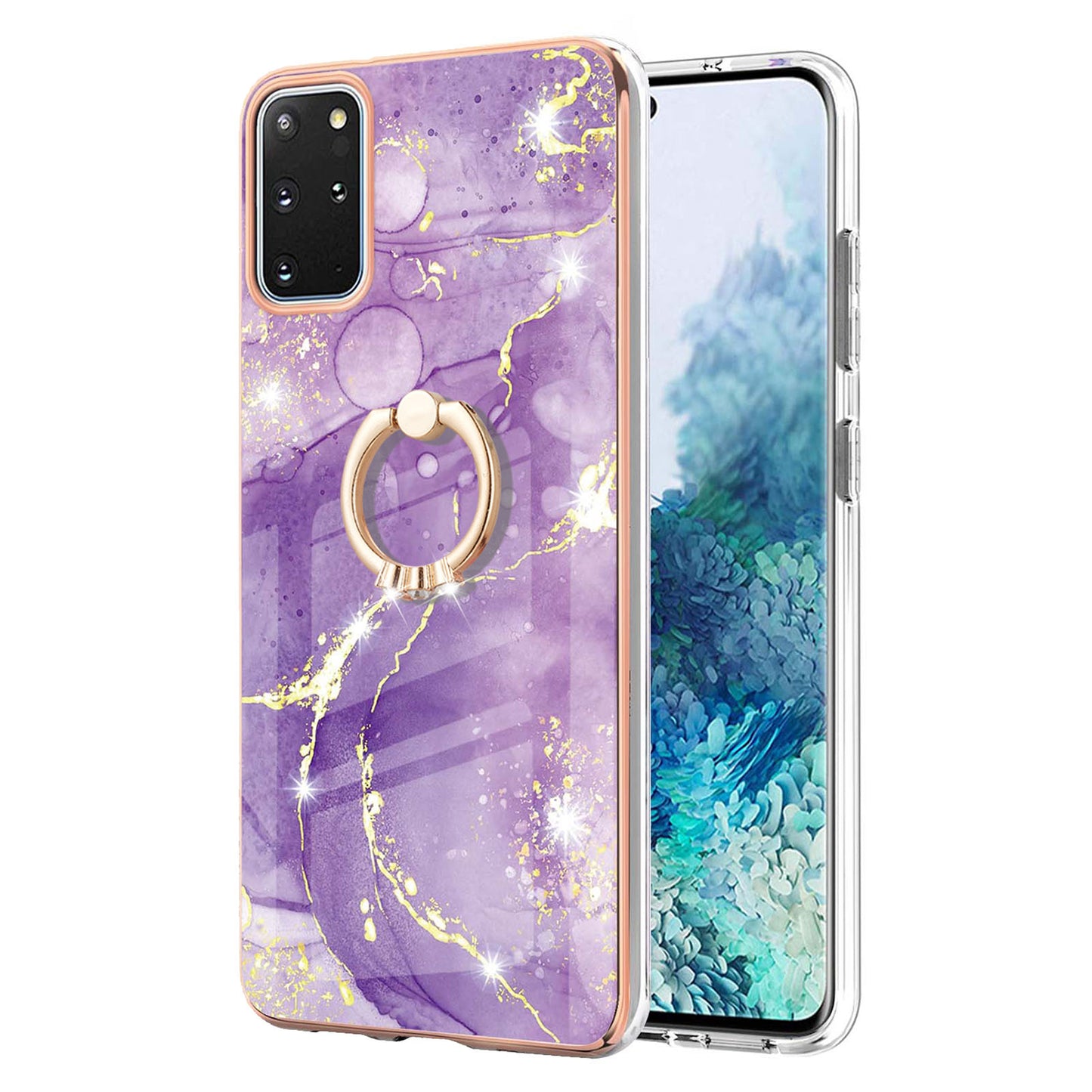 IMD Marble Pattern IML Soft TPU Electroplating Frame Phone Cover Case with Kickstand for Samsung Galaxy S20 Plus 4G/5G - Purple 002
