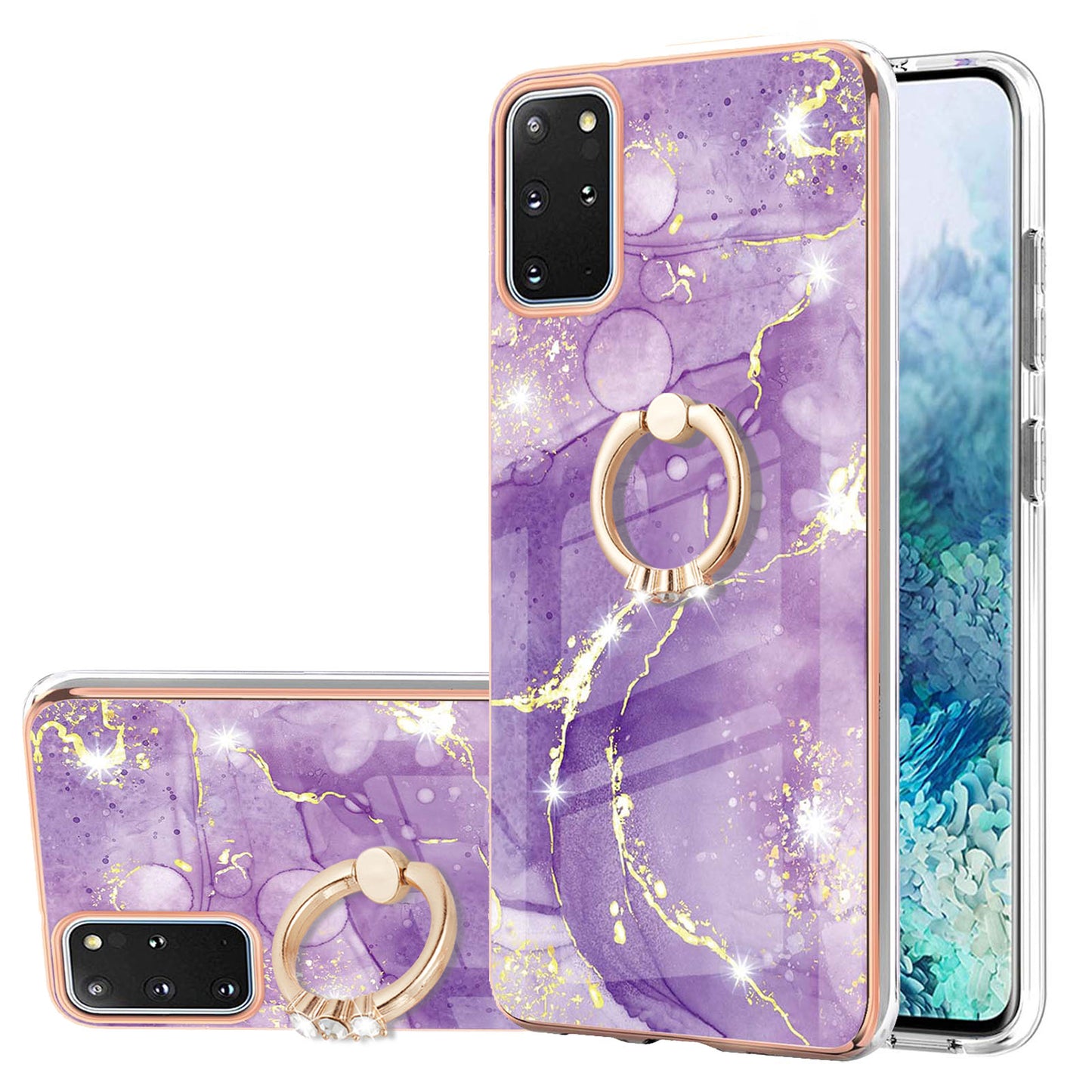 IMD Marble Pattern IML Soft TPU Electroplating Frame Phone Cover Case with Kickstand for Samsung Galaxy S20 Plus 4G/5G - Purple 002