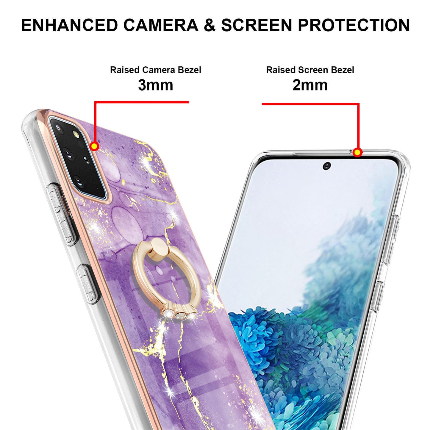 IMD Marble Pattern IML Soft TPU Electroplating Frame Phone Cover Case with Kickstand for Samsung Galaxy S20 Plus 4G/5G - Purple 002