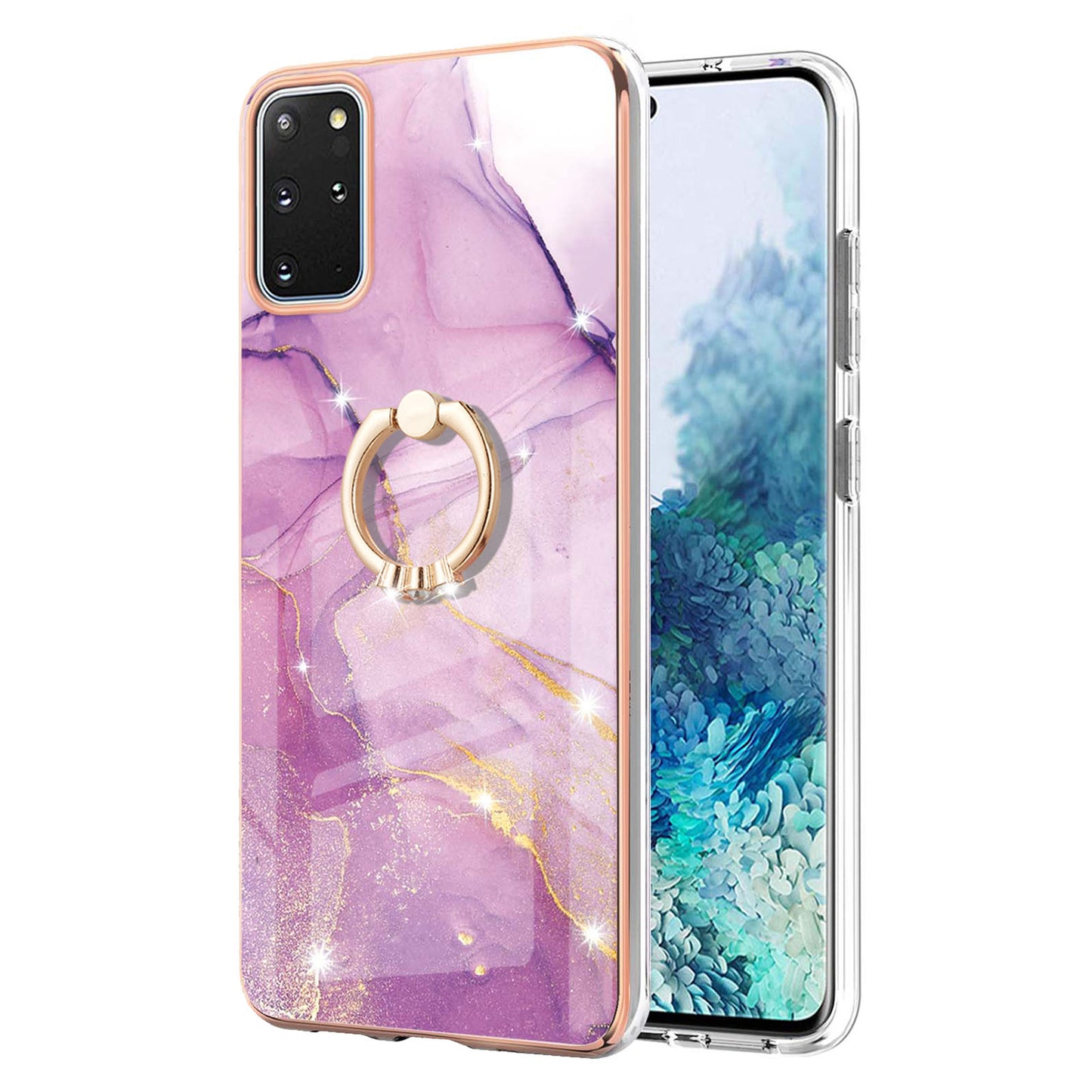 IMD Marble Pattern IML Soft TPU Electroplating Frame Phone Cover Case with Kickstand for Samsung Galaxy S20 Plus 4G/5G - Purple 001