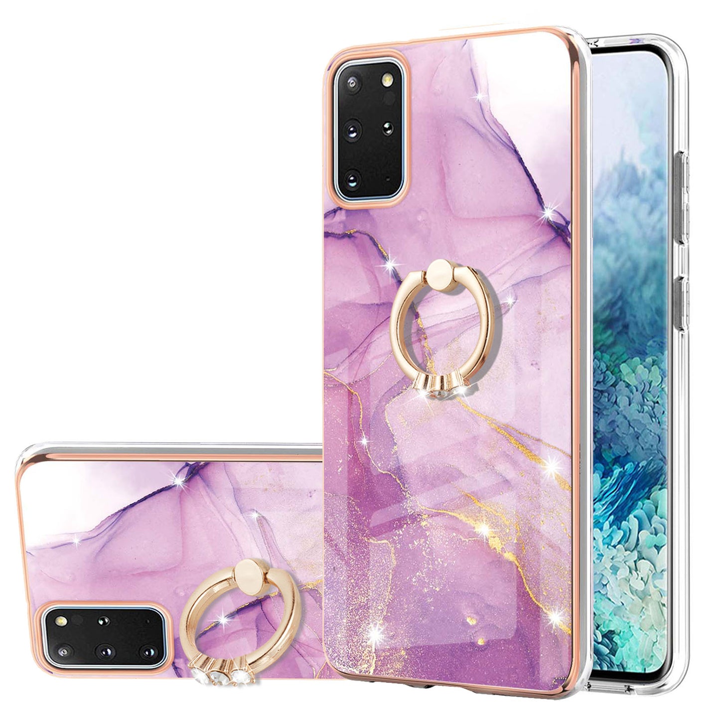 IMD Marble Pattern IML Soft TPU Electroplating Frame Phone Cover Case with Kickstand for Samsung Galaxy S20 Plus 4G/5G - Purple 001