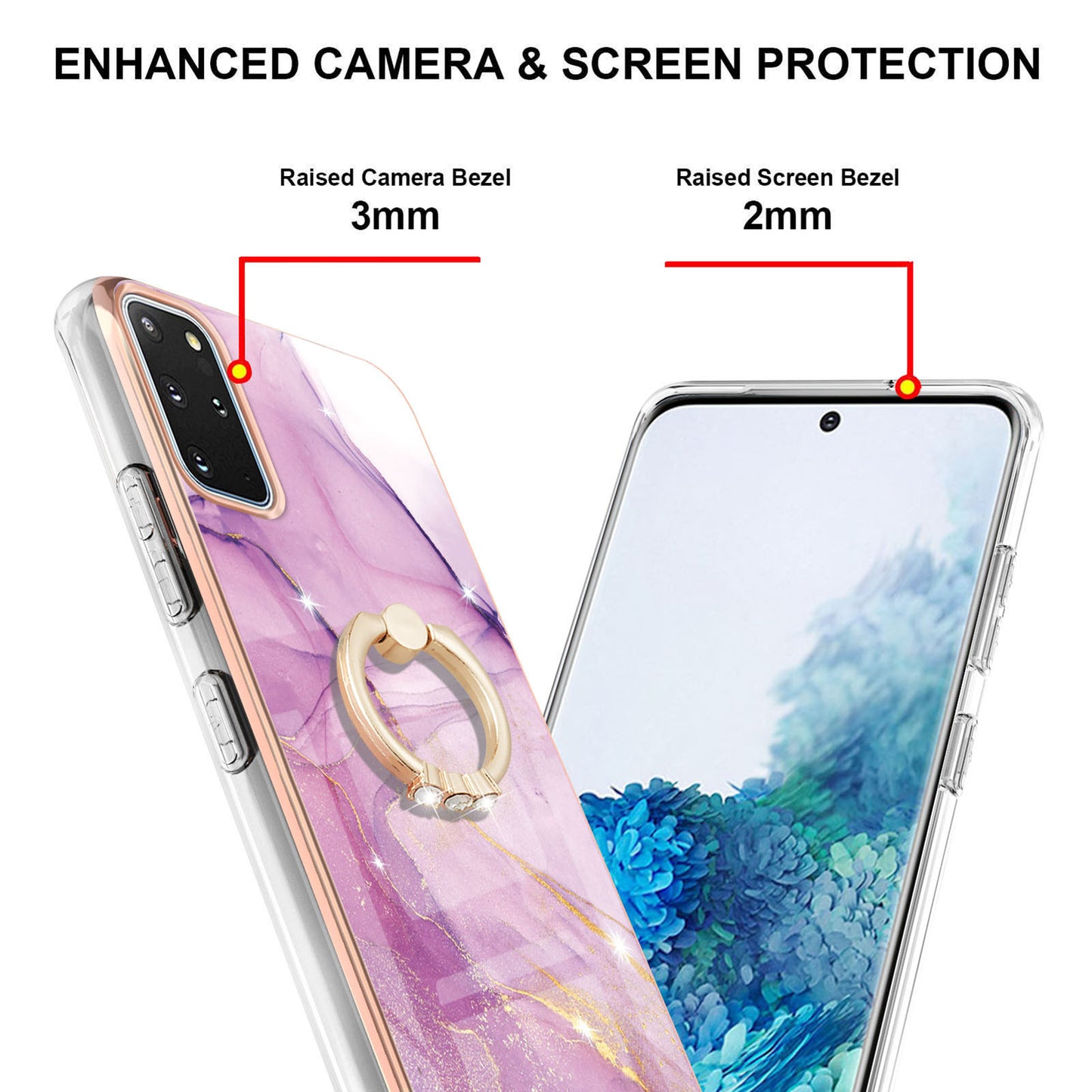 IMD Marble Pattern IML Soft TPU Electroplating Frame Phone Cover Case with Kickstand for Samsung Galaxy S20 Plus 4G/5G - Purple 001