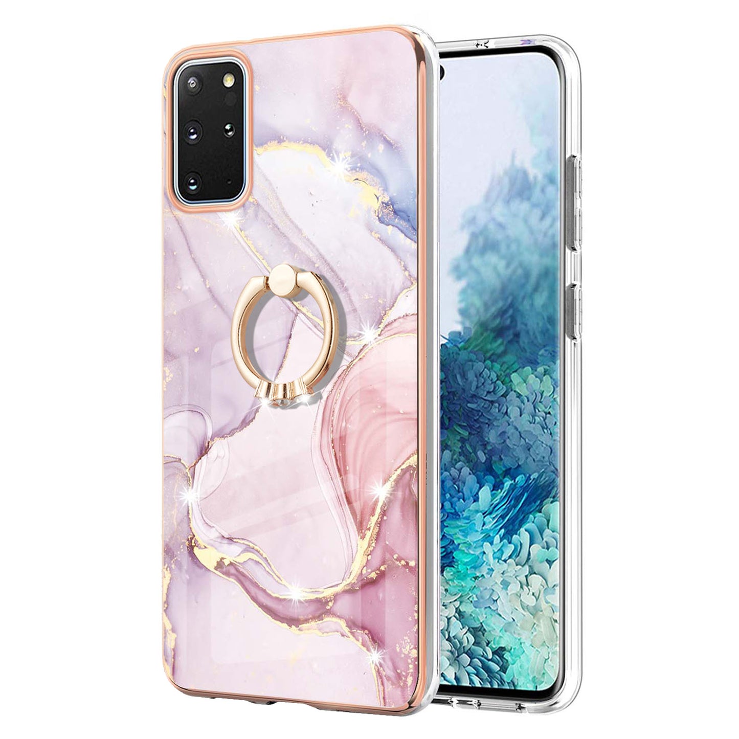 IMD Marble Pattern IML Soft TPU Electroplating Frame Phone Cover Case with Kickstand for Samsung Galaxy S20 Plus 4G/5G - Rose Gold 005