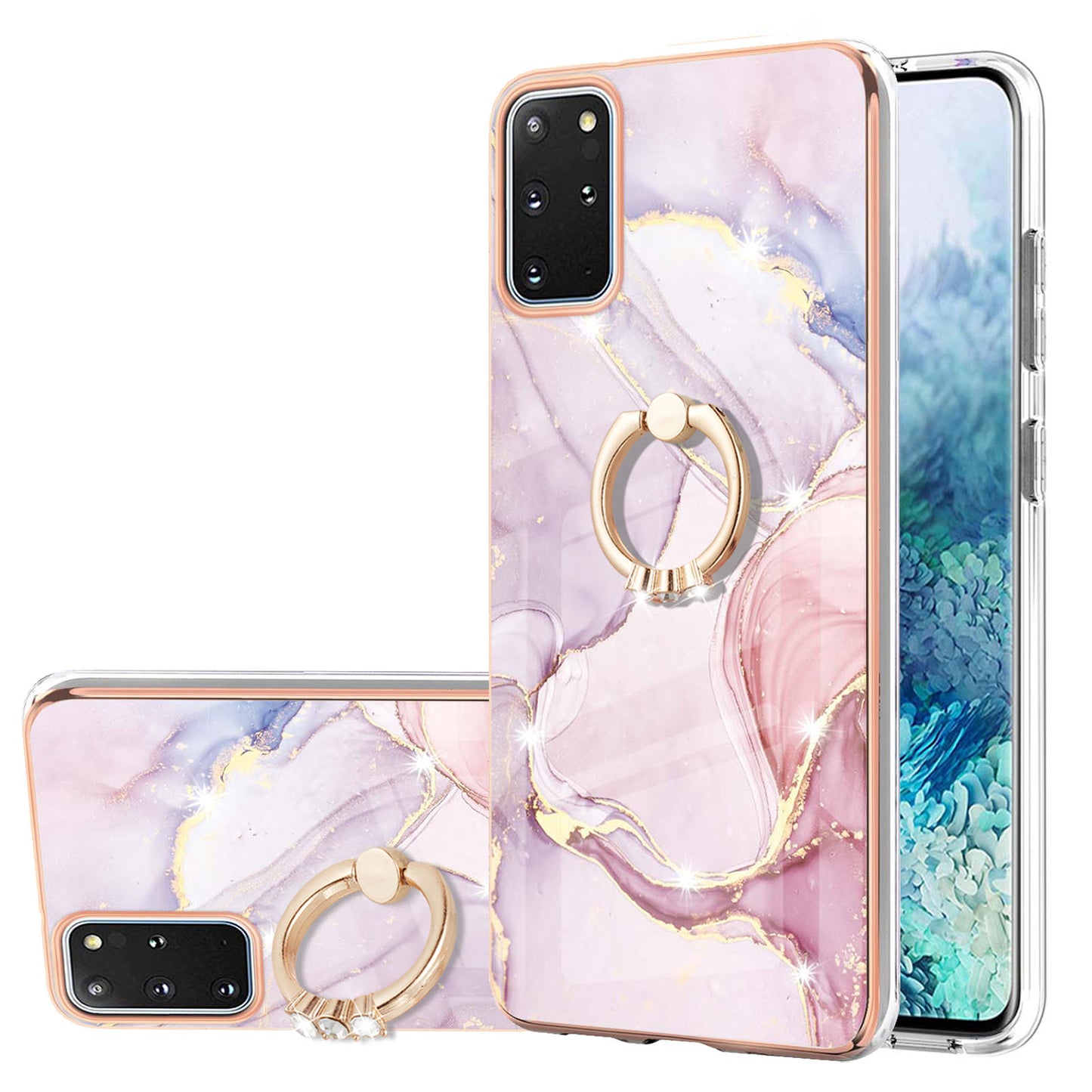 IMD Marble Pattern IML Soft TPU Electroplating Frame Phone Cover Case with Kickstand for Samsung Galaxy S20 Plus 4G/5G - Rose Gold 005