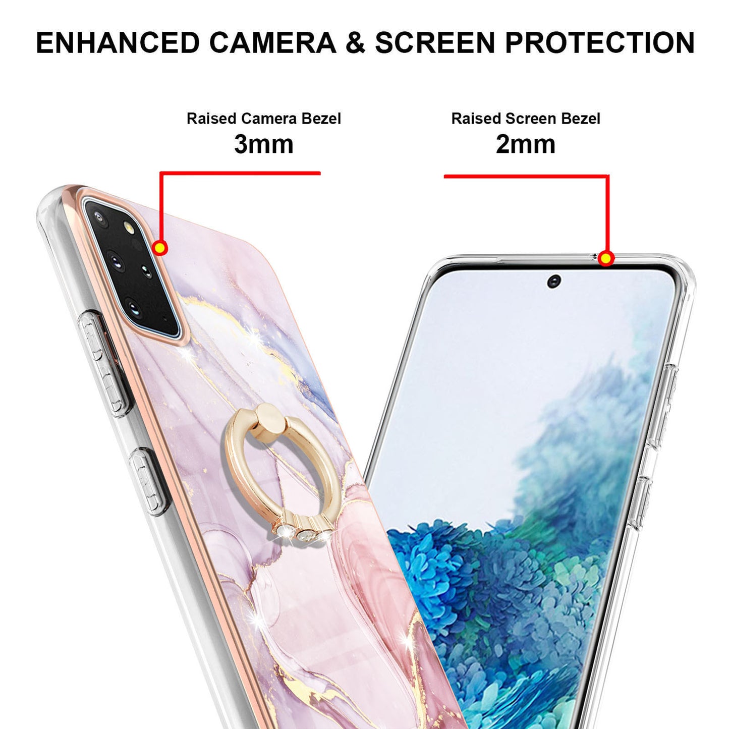 IMD Marble Pattern IML Soft TPU Electroplating Frame Phone Cover Case with Kickstand for Samsung Galaxy S20 Plus 4G/5G - Rose Gold 005