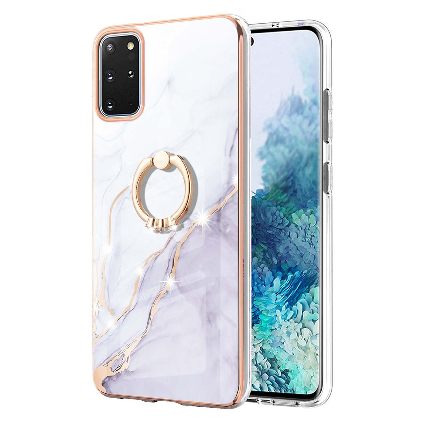 IMD Marble Pattern IML Soft TPU Electroplating Frame Phone Cover Case with Kickstand for Samsung Galaxy S20 Plus 4G/5G - White 006