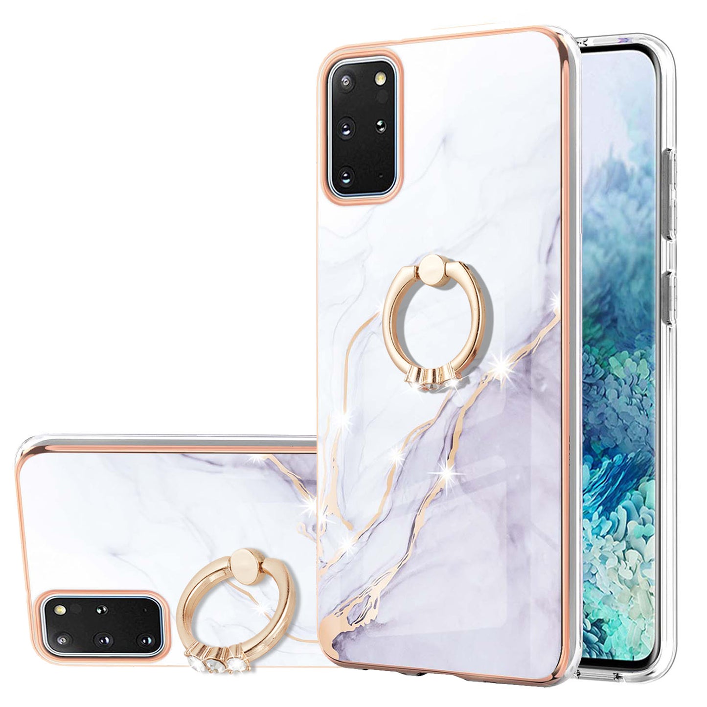 IMD Marble Pattern IML Soft TPU Electroplating Frame Phone Cover Case with Kickstand for Samsung Galaxy S20 Plus 4G/5G - White 006