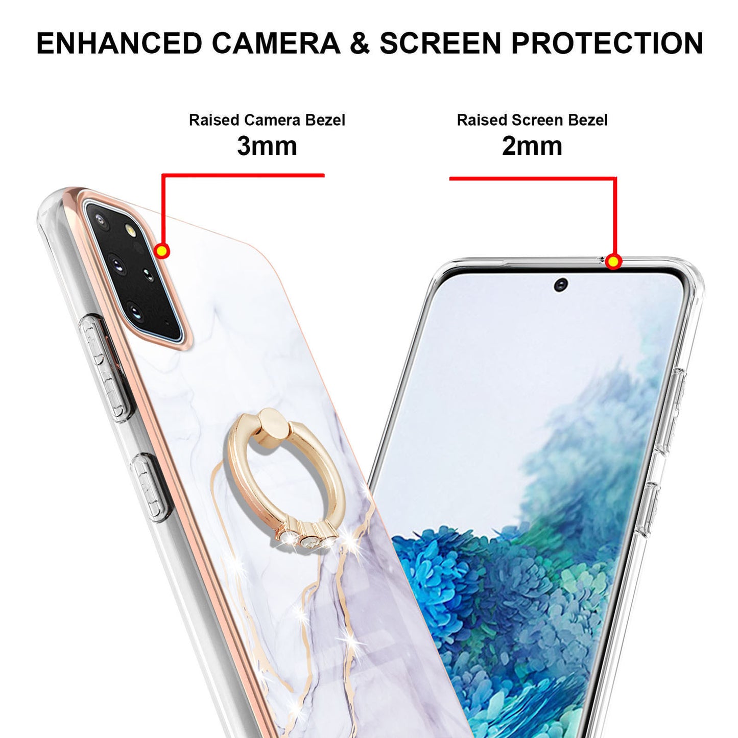 IMD Marble Pattern IML Soft TPU Electroplating Frame Phone Cover Case with Kickstand for Samsung Galaxy S20 Plus 4G/5G - White 006